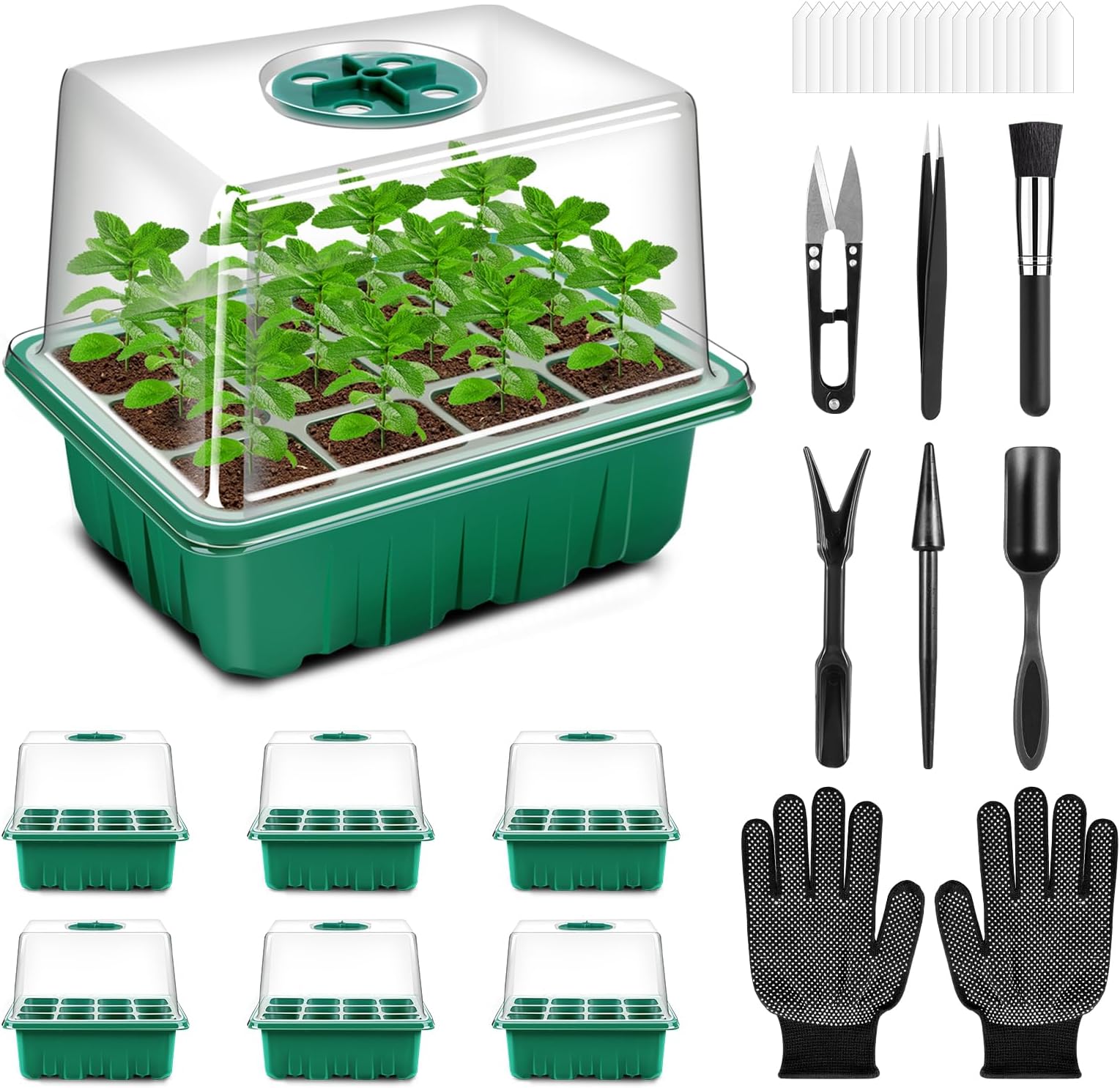 Verdenu Seed Trays, 6 PCS Propagator Kit with Heightened Lids, Seedling Starter Growing Trays with 6 Gardening Tools, and Adjustable Ventilation for Greenhouse Plant Germination