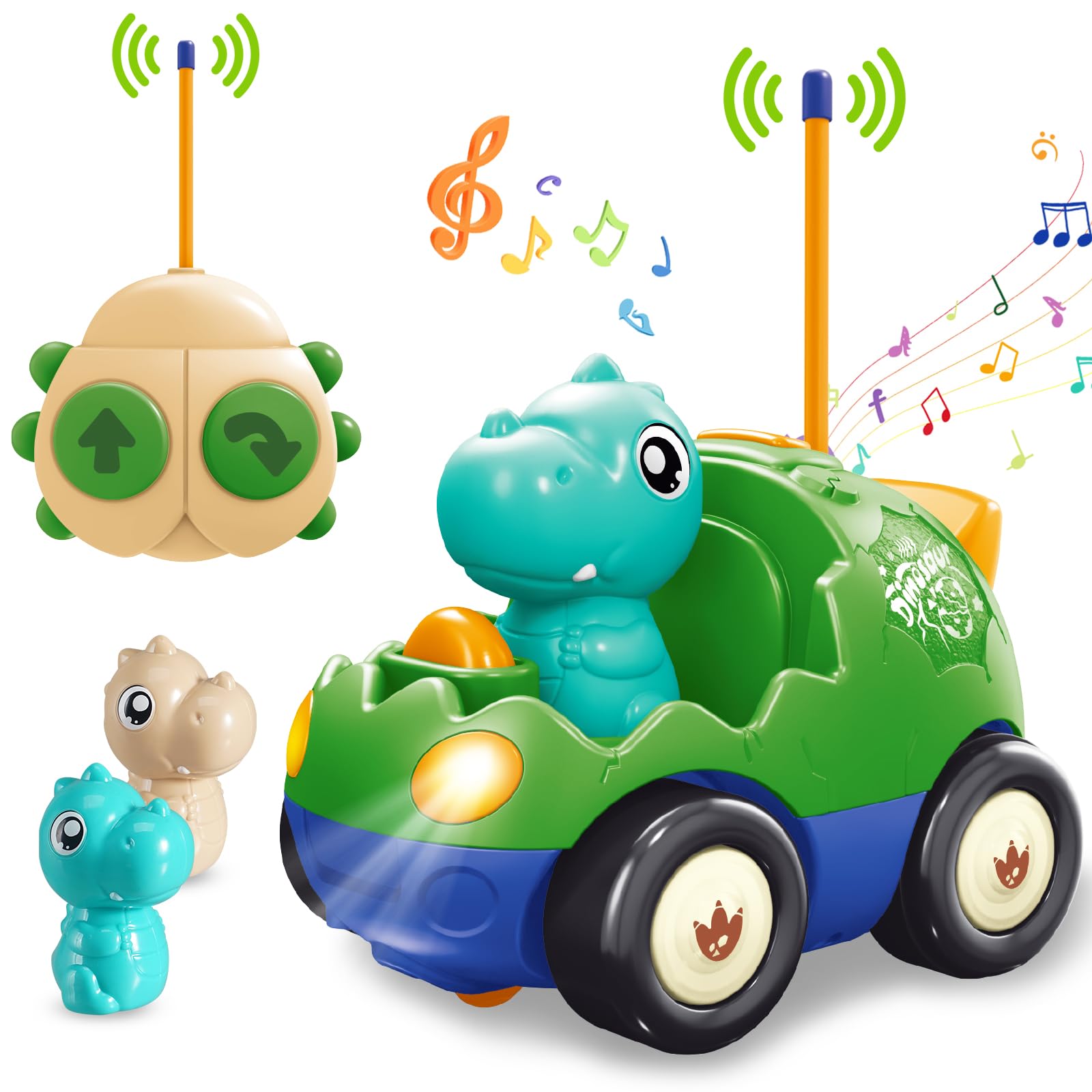 Pup Go Voiture de Dinosaure RC Cartoon pour Tout-Petits avec Musique, Lumières et 2 Poupées, Première Voiture Télécommandée pour Garçons et Filles, 18 Mois+, Cadeau Parfait pour Anniversaire ou Noël
