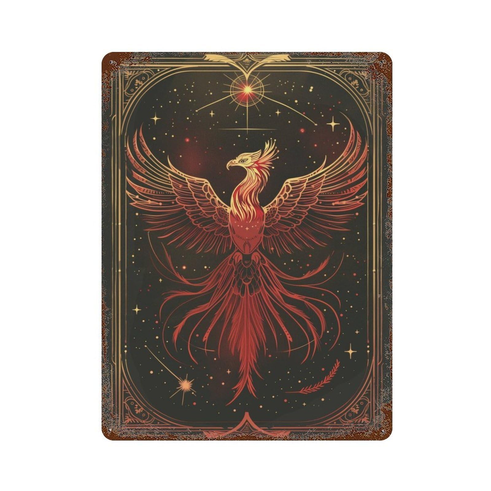 Rust Effect Phoenix Rebirth Aged Metal Wall Plaque 15.7"x11.8", Rustic Home Decor for Bistro, Counter And Cafe Decor
