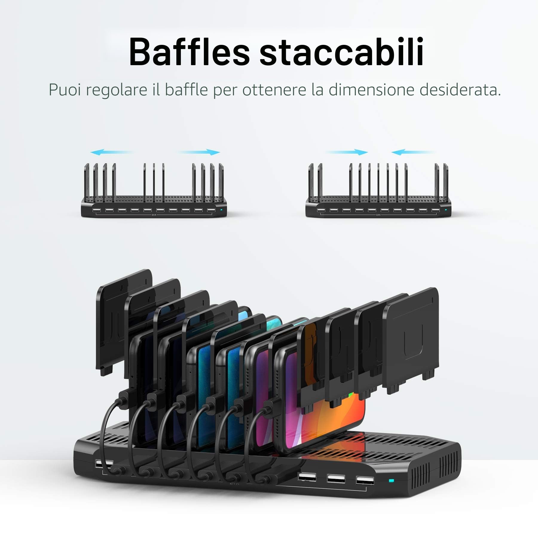 Unitek 60 W stazione di ricarica 10 porte, stazione di ricarica USB multi-dispositivo con separatori regolabili e SmartIC, compatibile con telefono, tablet e altro ancora