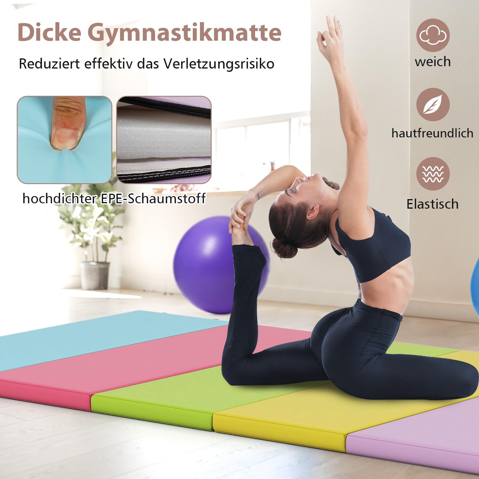 COSTWAY Turnmatte klappbar, 200 x 75cm Weichbodenmatte, Gymnastikmatte 5 fach faltbar mit Tragegriff & Klettverschluss, Sportmatte Fitnessmatte zuhause für Kinder Erwachsene