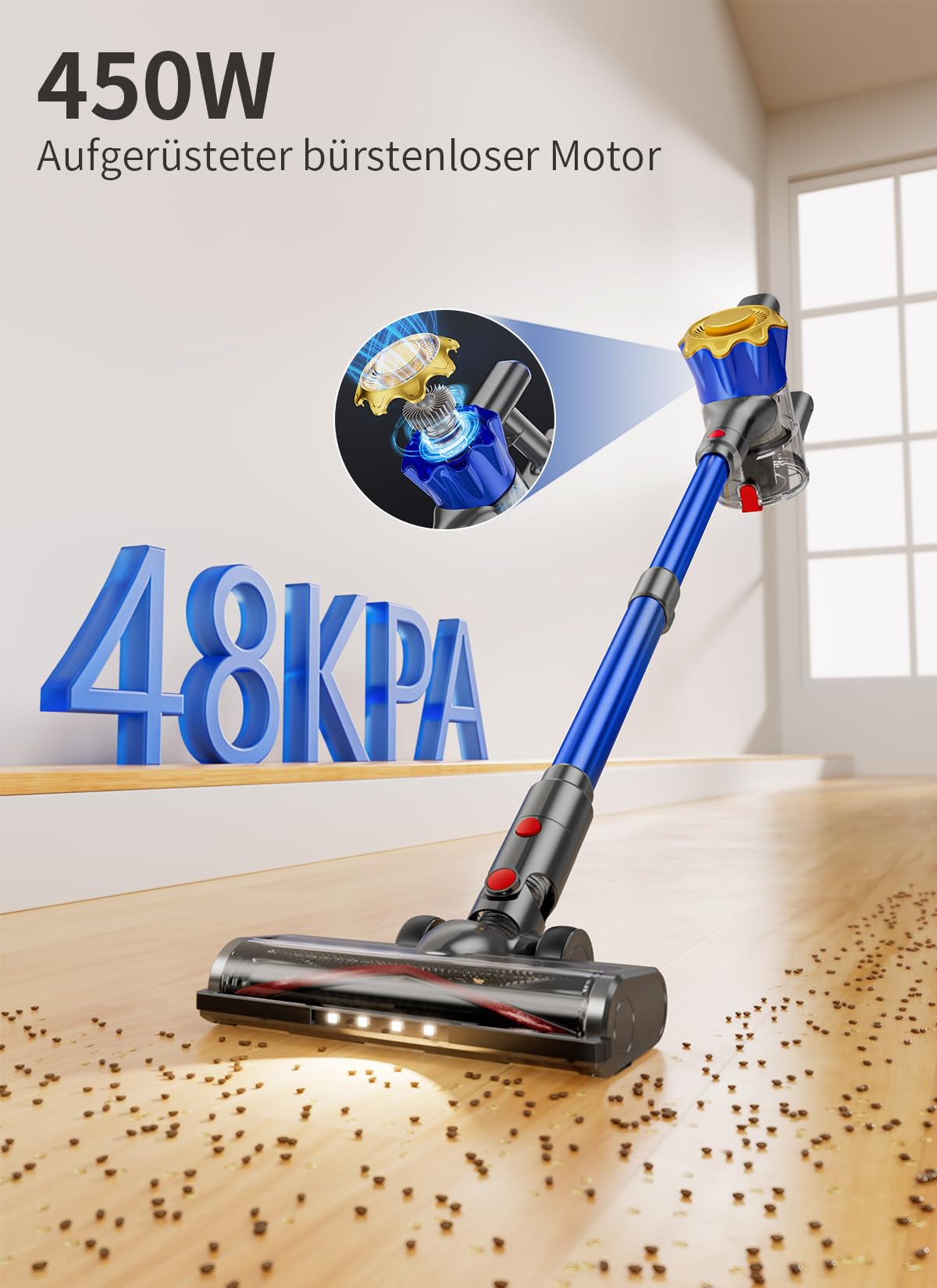 Akku Staubsauger, 40000Pa/450W Staubsauger Kabellos mit Smart Display Bis zu 50 Minuten Laufzeit Cordless Vacuum Cleaner mit Automatikmodus&Anti-Verhedderung-Bürste für Teppich Hartboden und Tierhaare