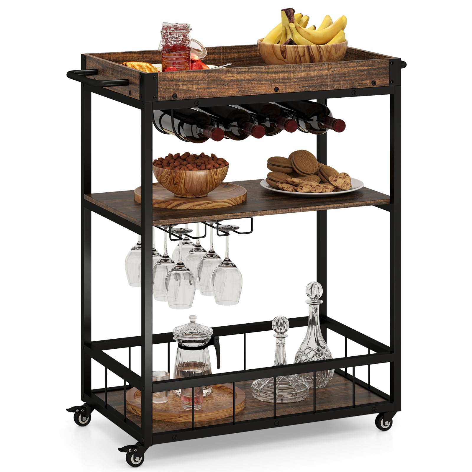 COSTWAY Mobile Kitchen Serving Trolley with Removable Tray and Glass Holder, 3-Tier Bar Storage Cart on Lockable Wheels, Restaurant Dining Room Drinks Trolley (with Wine Rack, 84x40x90cm)
