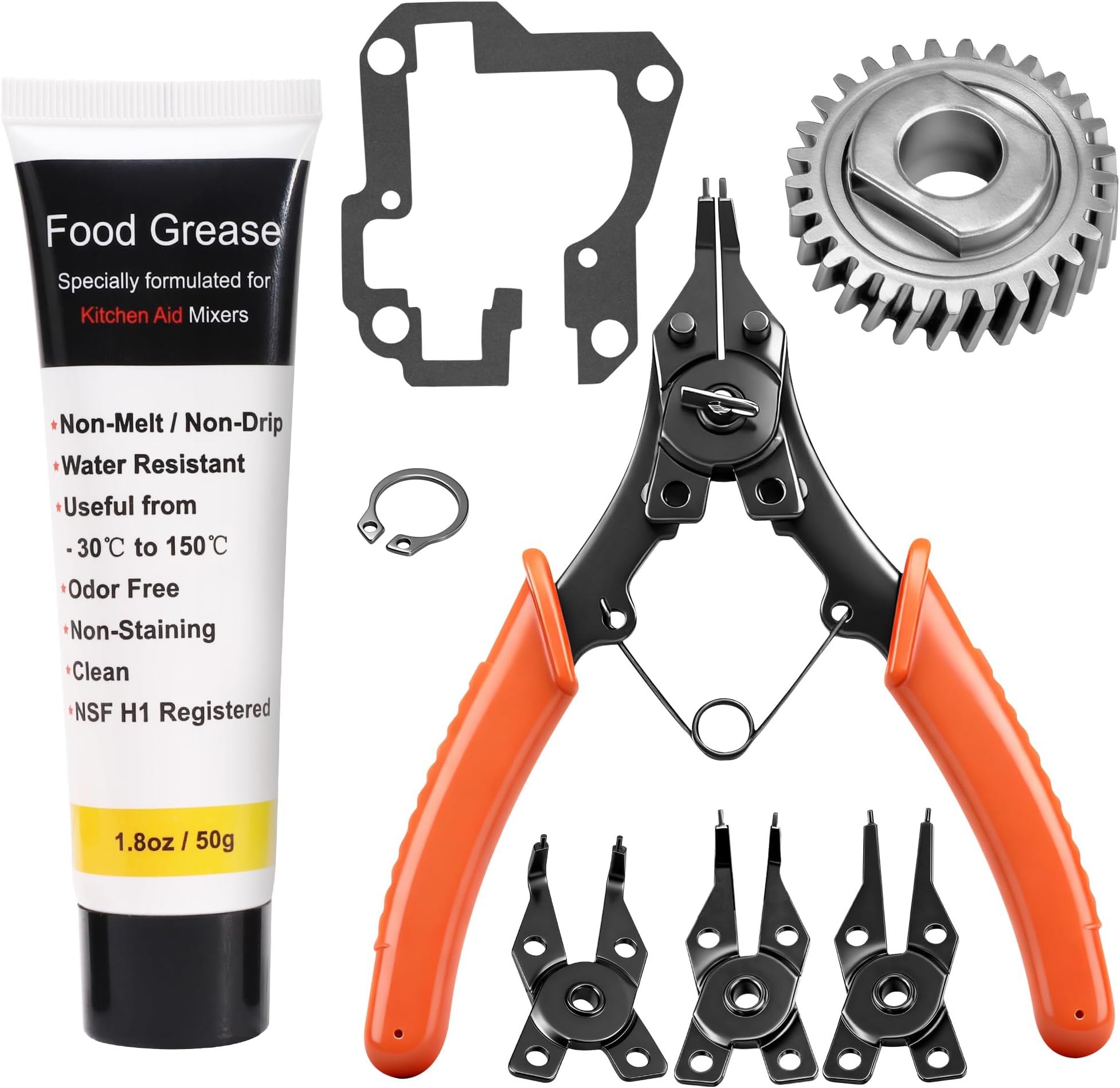 9706529 W11086780 Replacement Gear Parts for Kitchenaid Whirlpool Worm Partswith The 9709511 Gasket and 9703680 Circlip & 1.8 Oz Food Grade Grease