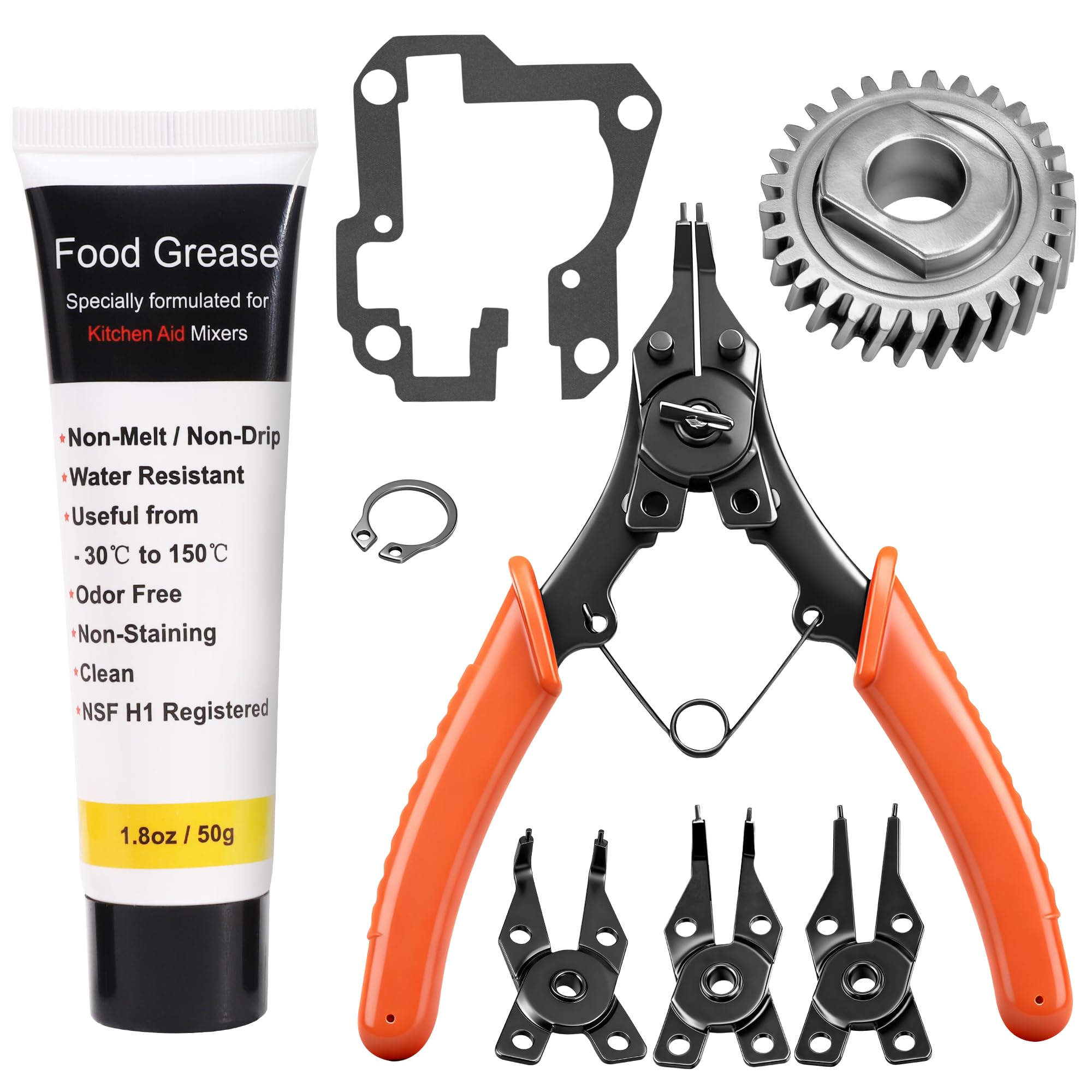 9706529 W11086780 Replacement Gear Parts Compatible with Whirlpool Worm the 9709511 Gasket and 9703680 Circlip & 1.8 Oz Food Grade Grease