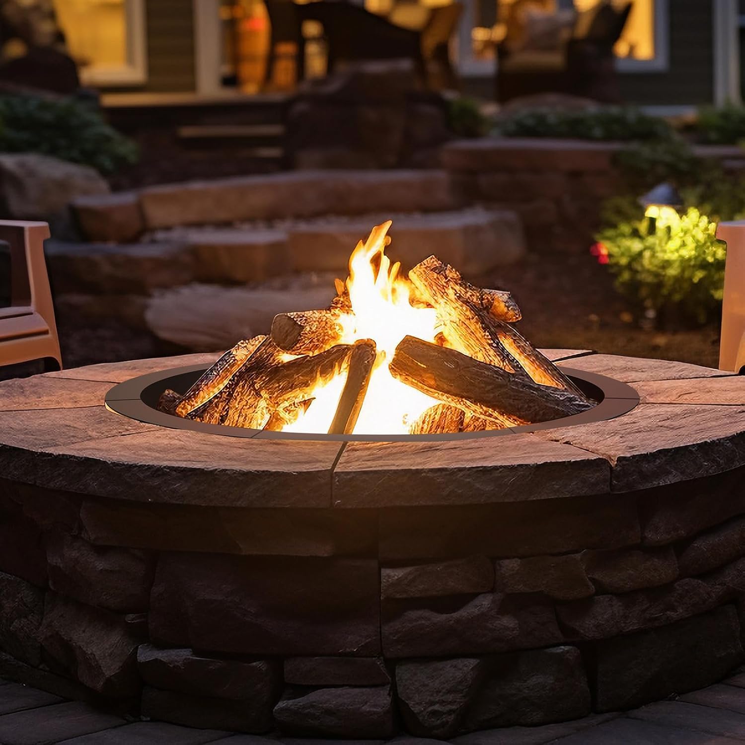 OUSHENG Fire Pit Ring Outdoor, 33 Inch Outer 30 Inch Inner Round Wood Burning Firepit Accessories, DIY Metal Steel Liner Insert for Bonfire Outside Camping Above or In Ground