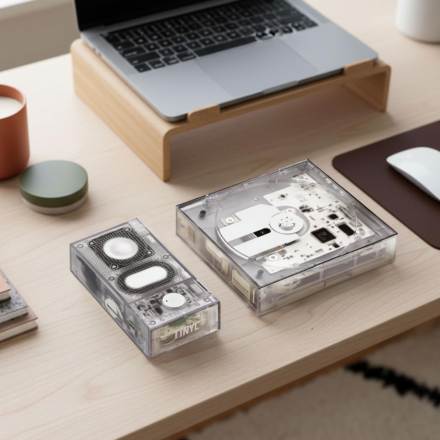 [Tinyl Split] Lettore CD 3 in 1 completamente nuovo e aggiornato, altoparlante Bluetooth rimovibile e lettore CD, portatile, ricaricabile, per la casa come regalo (bianco trasparente)