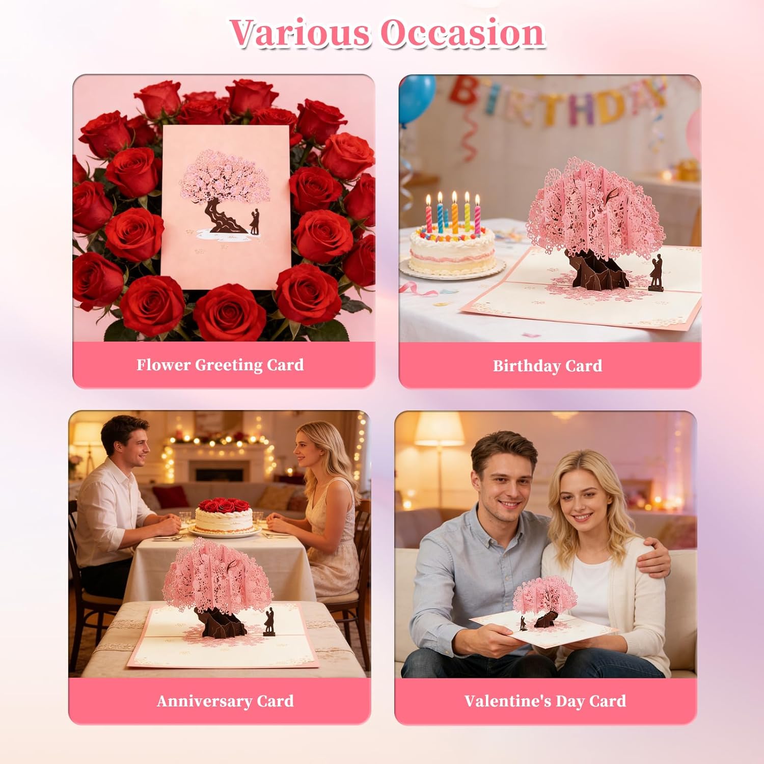 Pop Up Anniversary Card, 3D Cherry Blossom Love Tree Hearts Couple Wedding Card, Anniversary Greeting Cards for Romantic Love Gift to Her, Him, Husband, Wife, Mother’s Day - Image 6