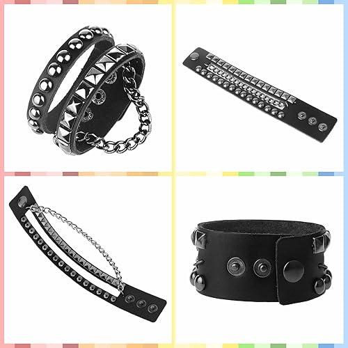 Miniatura 4 de 3 pulseras de cuero punk rock para mujer, accesorios de joyería Emo Pop de los años 80 y 90, accesorios de joyería retro con pinchos ajustables