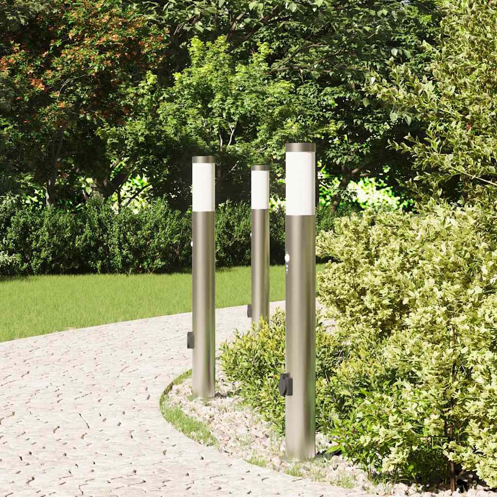 Juego de 3 lámparas de bolardo de acero inoxidable, 80 cm, con sensor de movimiento PIR y enchufe integrado, IP44, para exteriores, terraza, camino, iluminación