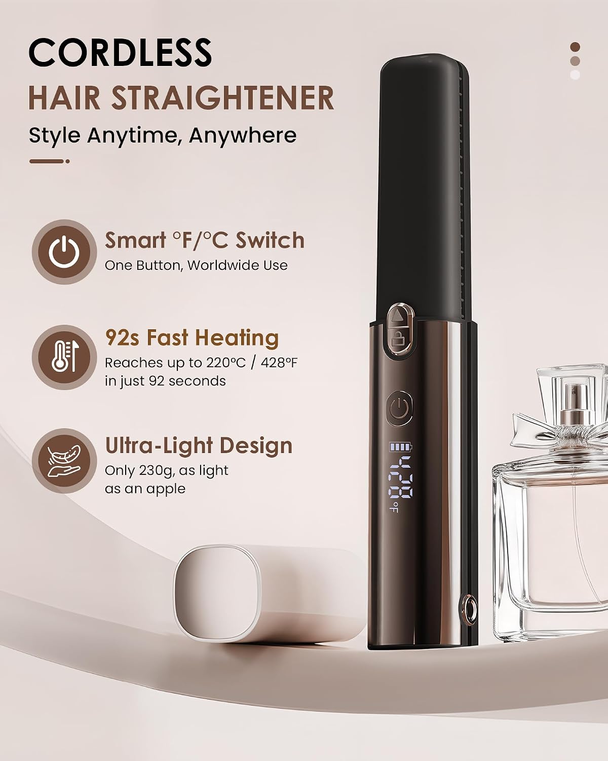 Cordless Hair Straightener and Curler 2 in 1, LAMA Portable Travel Flat Iron with Fast Heating, 7 Temp Control Rechargeable Mini Straightener, Lightweight Ceramic Styler, BR