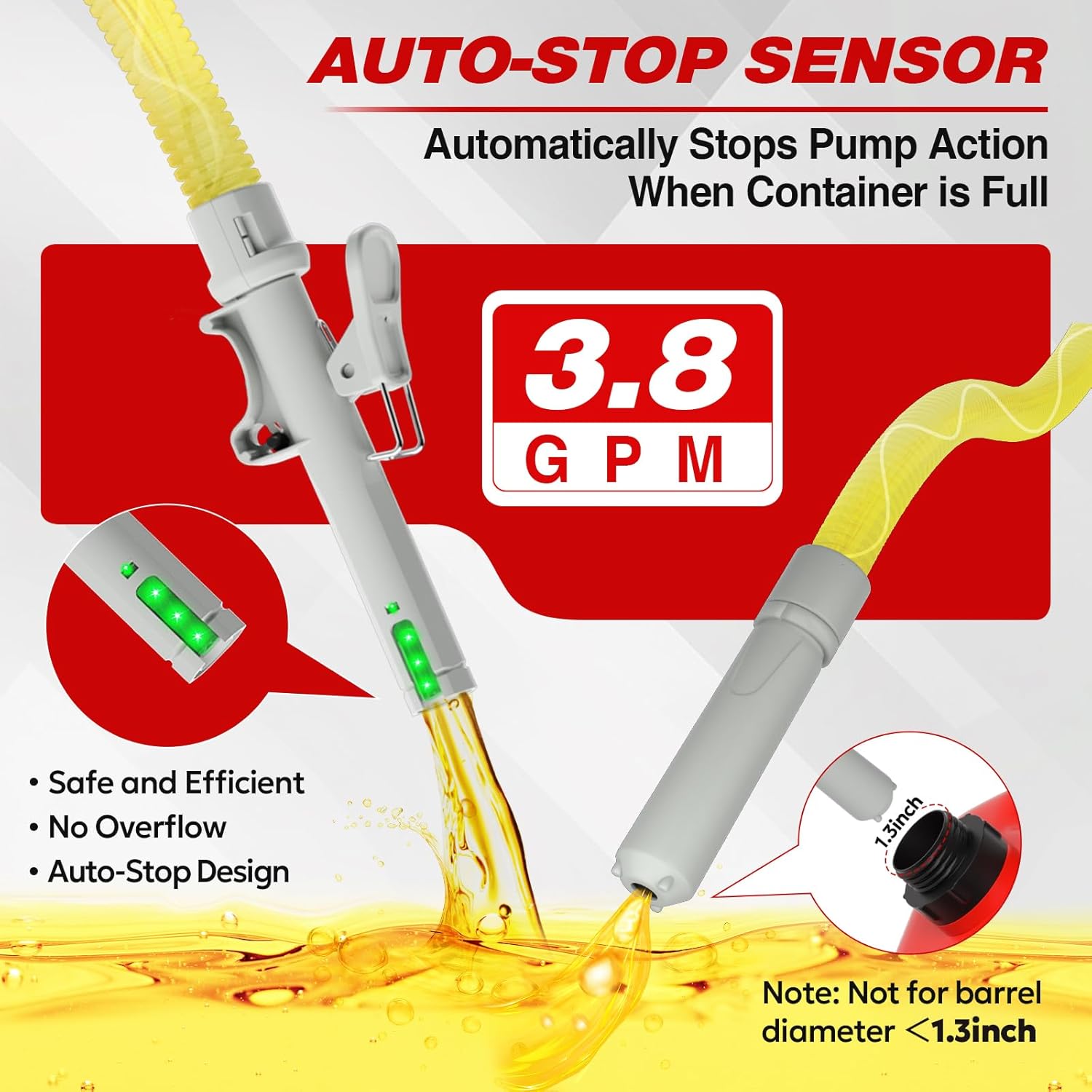 Portable Fuel Transfer Pump with Auto-Stop, 3.8 Gallon per Min, 51" Extra Long Hose, Battery & USB Powered, 4 Can Adapters, Leak-proof Gas Pump for Oil, Diesel and Gasoline