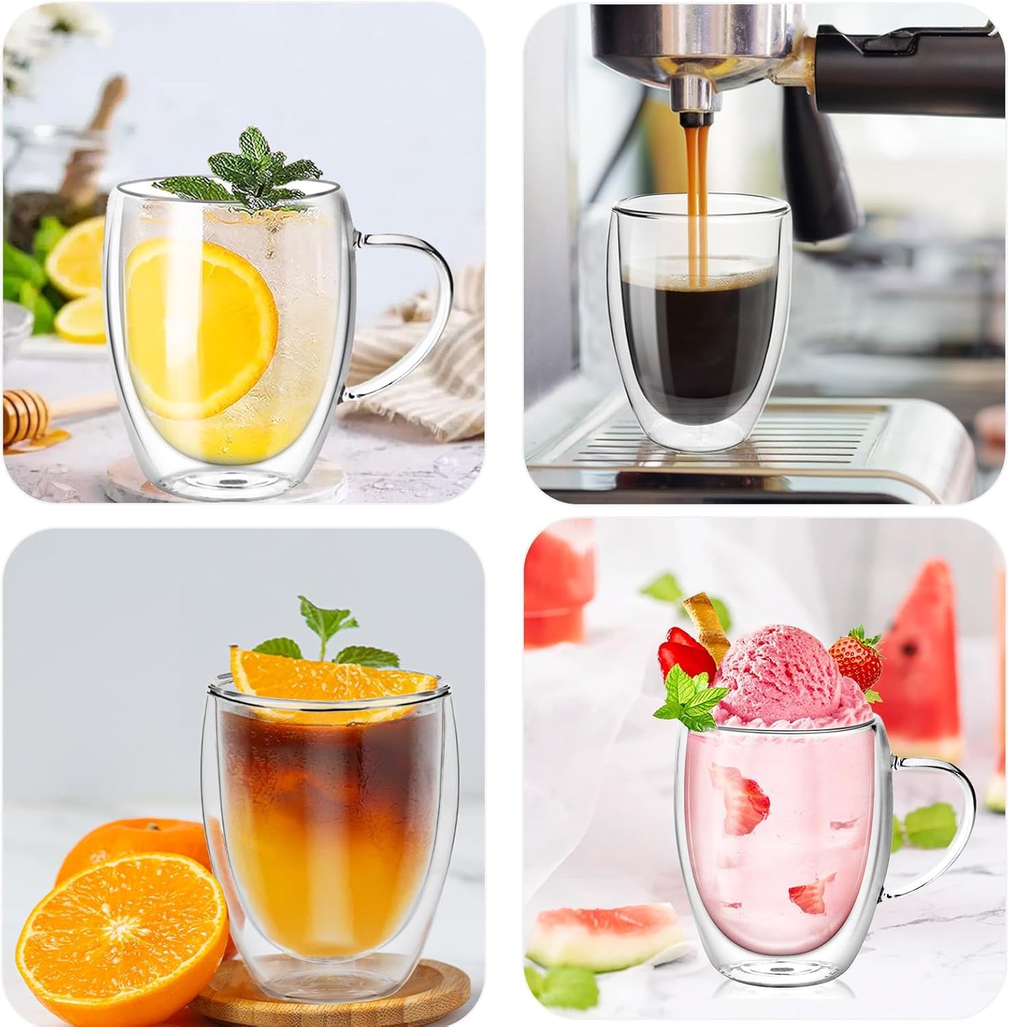 Doppelwandige Kaffeegläser, Set von 4 Cappuccino Latte Teetassen mit Griff, 350ml hitzebeständiger Thermobecher, für Heiße/Kalte Getränke, Spülmaschinenfest, Perfekt für Espresso