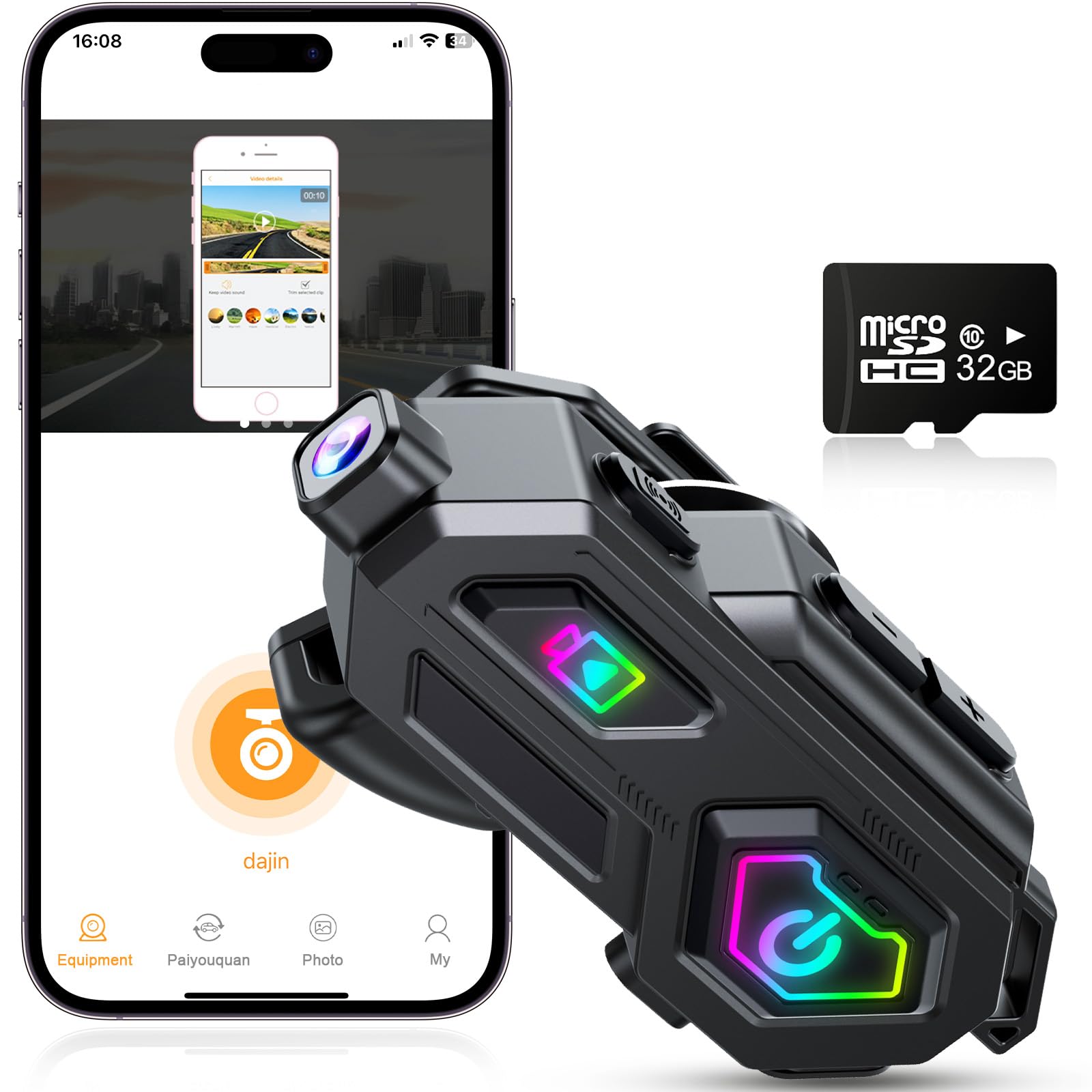 BestYiJo Cuffie Bluetooth per casco da moto con registrazione video HD 1080p, citofono, FM, impermeabilità IPX6 e illuminazione