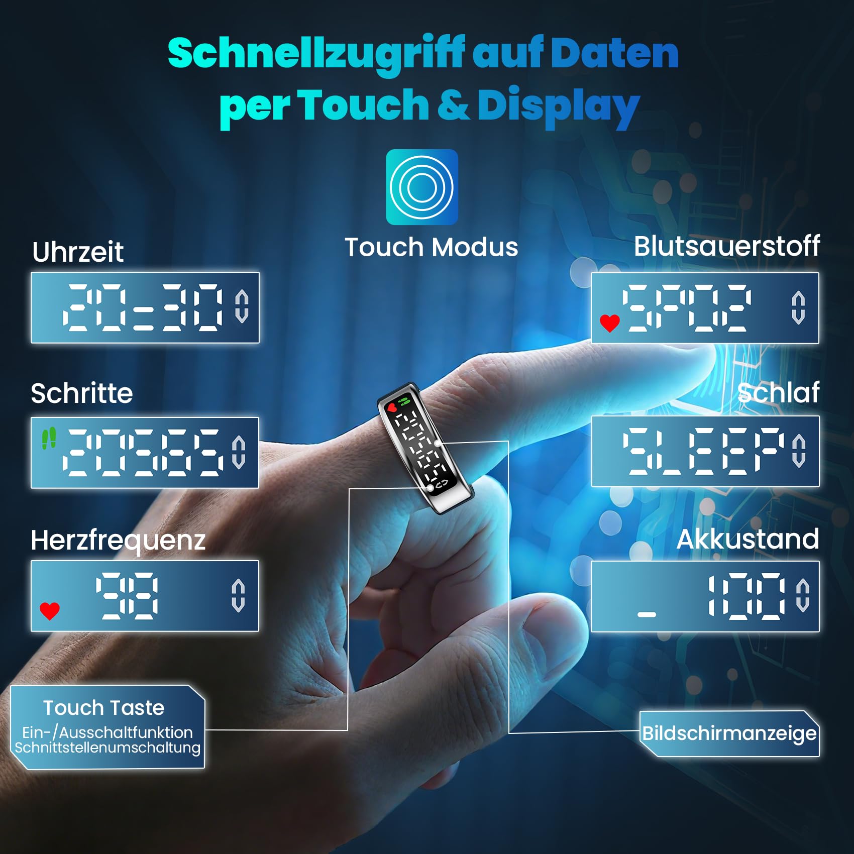 Smart Ring für Damen Herren, Smartringe mit LED Anzeige, Fitness Tracking Ring IP68, Schlaf Health Ring, Gesundheitsring mit Android/iOS,Schrittzähler/Herzfrequenz/SpO2/Aktivitätstracker (Silber, 8)