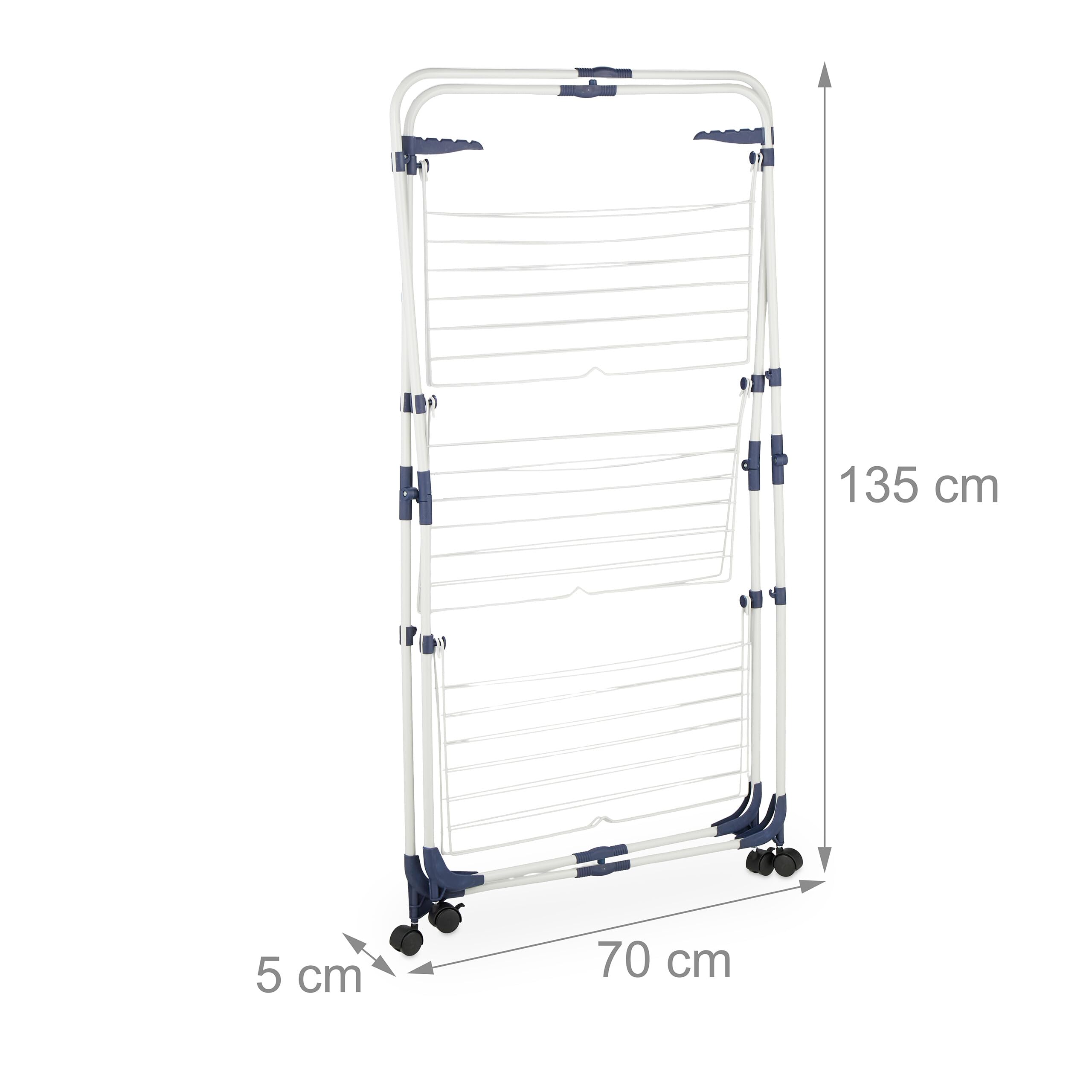 Relaxdays Tendedero Torre, Plegable, con Ruedas, 3 Niveles, 33 m de Secado, 135 x 70 x 70 cm, Tenderete, Blanco/Azul