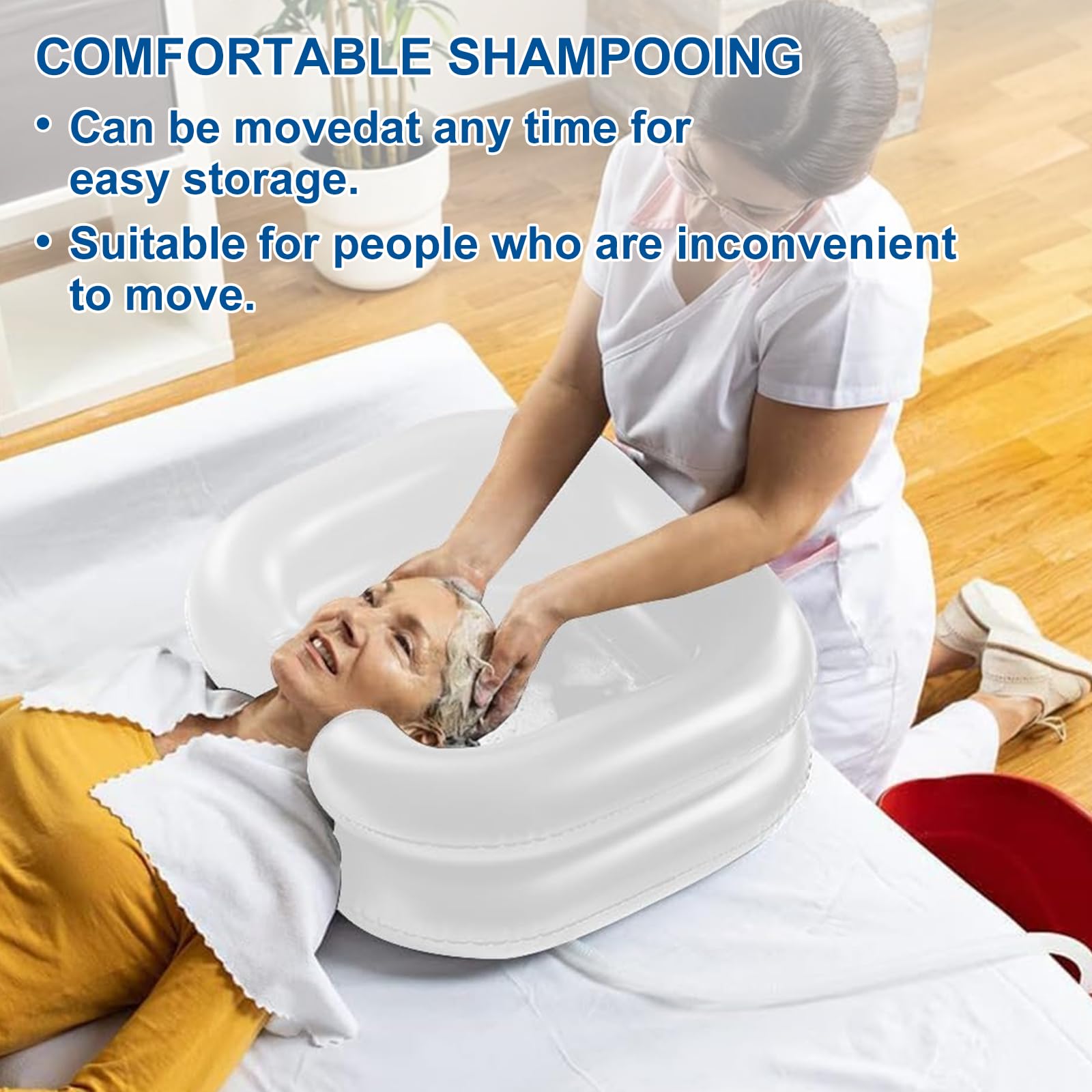 Lavacabezas Inflable de PVC Negro, Lavabo de Champú Portátil con Tubo de Desagüe 1 m, Cabezal de Ducha y Bolsa de Agua, Lavado de Cabello en Cama para Mayores, Embarazadas y Discapacitados