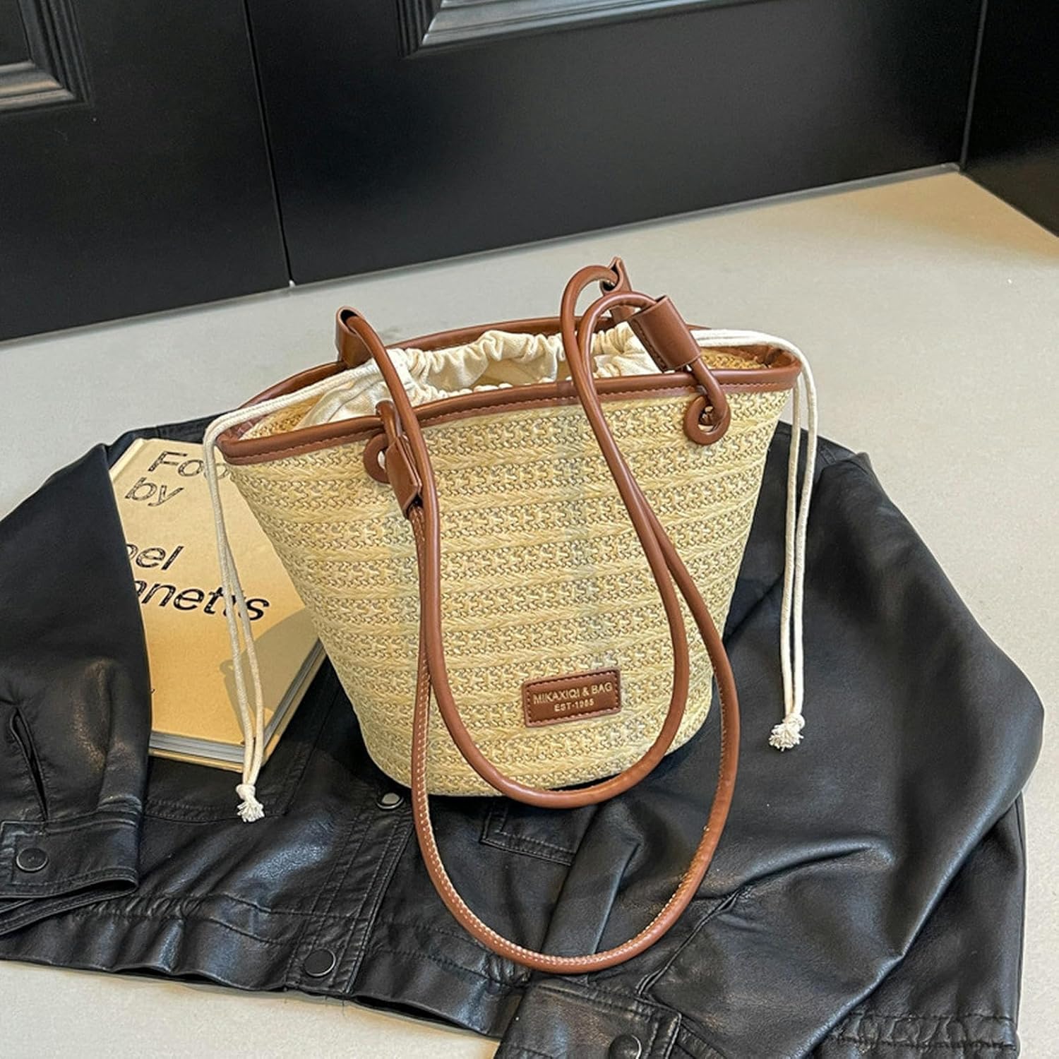 Strohtasche, große handgefertigte Stroh-Geldbörsen für Damen, Stroh-Hobo-Tasche, gewebte Umhängetasche, große Tragetaschen, Sommer-Reise-Strand-Handtasche, Schwarz, Braun, A