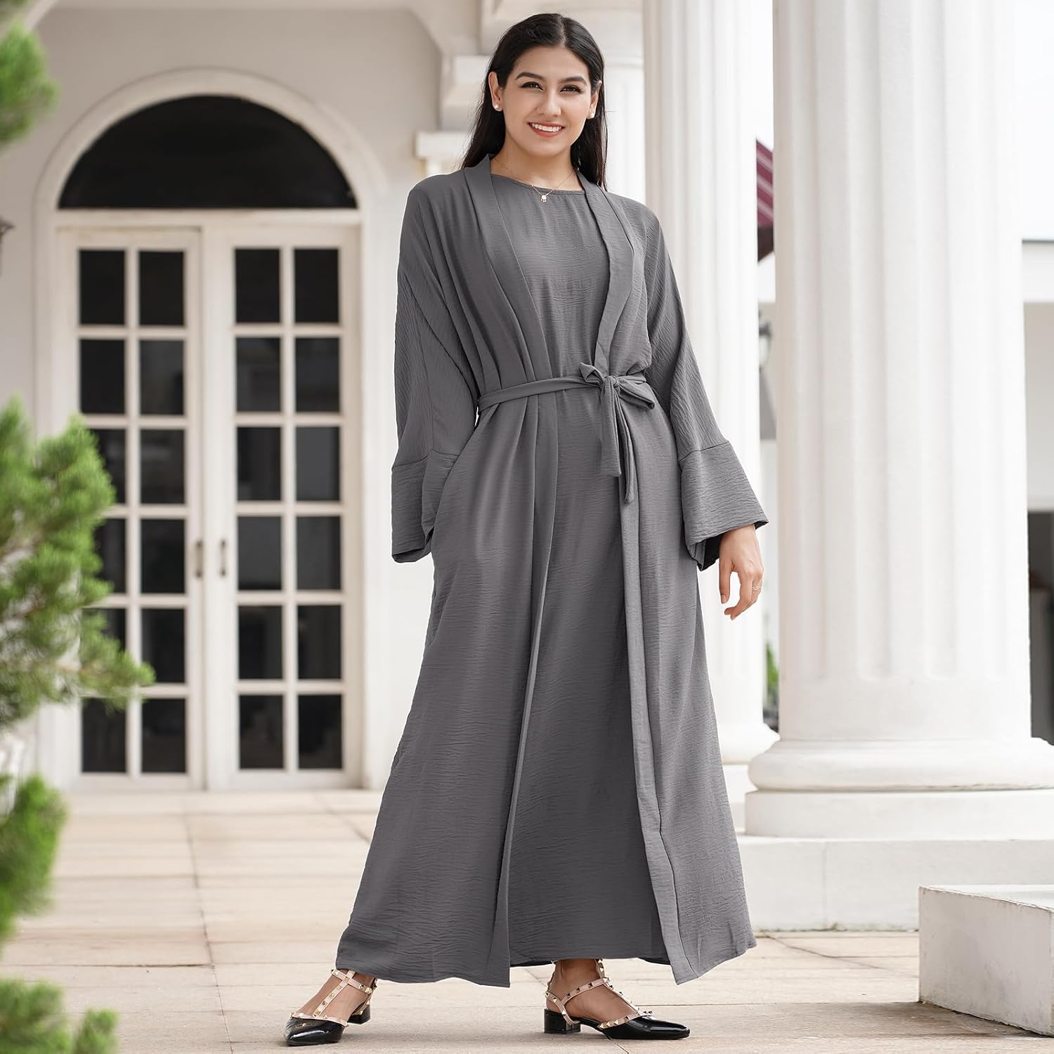 IBAKOM Abaya for Women 2PC Arabian Modest Open Abayas Muslim Dress with Hijab Islamic Arab Jilbab Turkish Prayer Clothes