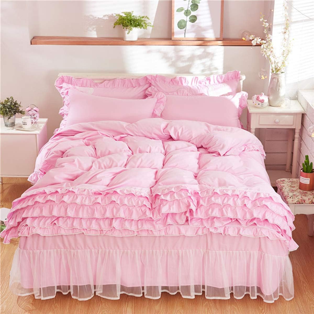 LUCKYBULL 4pcs Light Pink Romantic Bed Sets-Multi Layers Ruffles with Lace Princess Bed Cover Set Girls Fairy Bedding Sets(1Duvet Cover /1Bedskirt /2Pillowcases),Twin