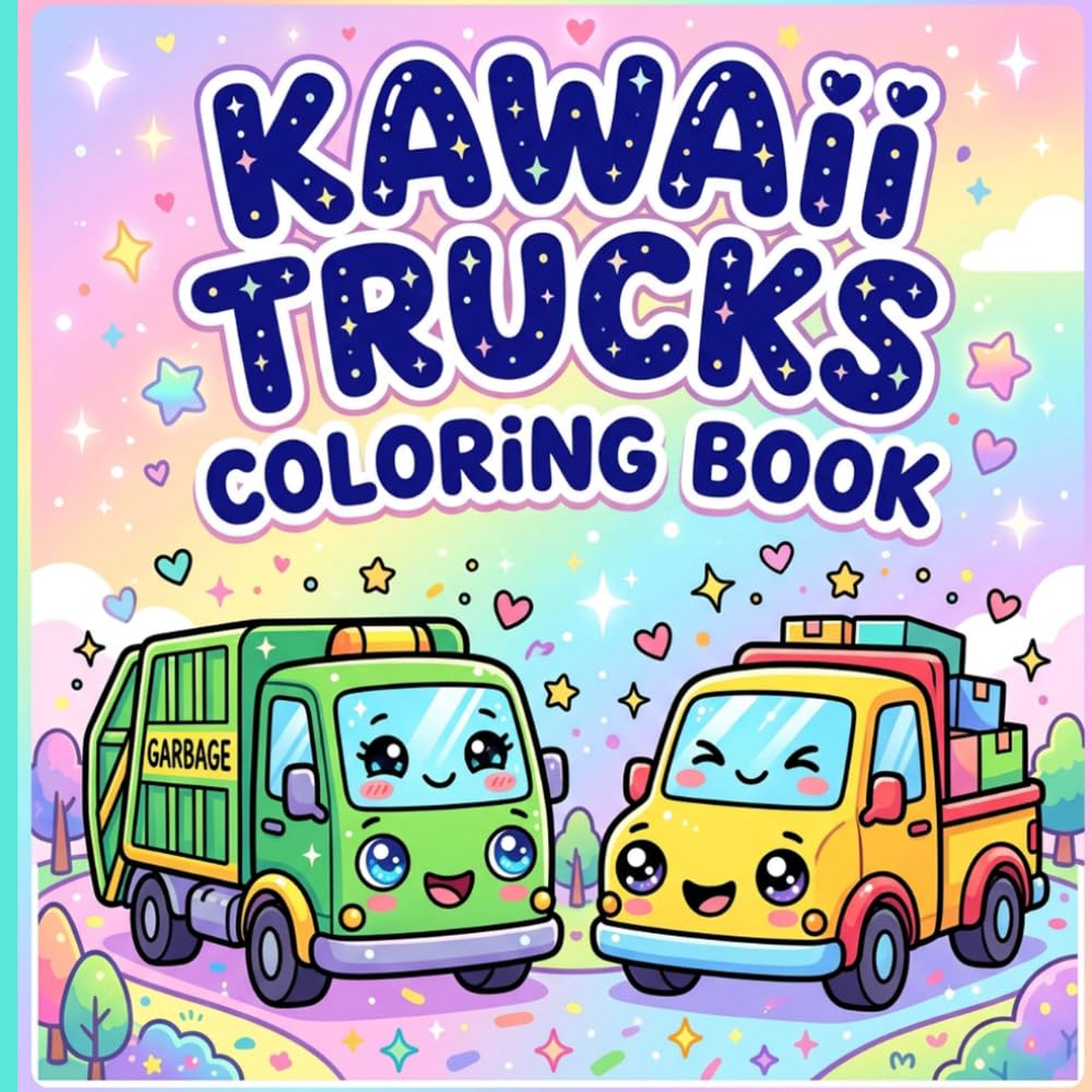 Kawaii Trucks Coloring Book: Super Cute Japanese Style Dump Trucks and Pickups For Kids Teens and Relaxing Play Time