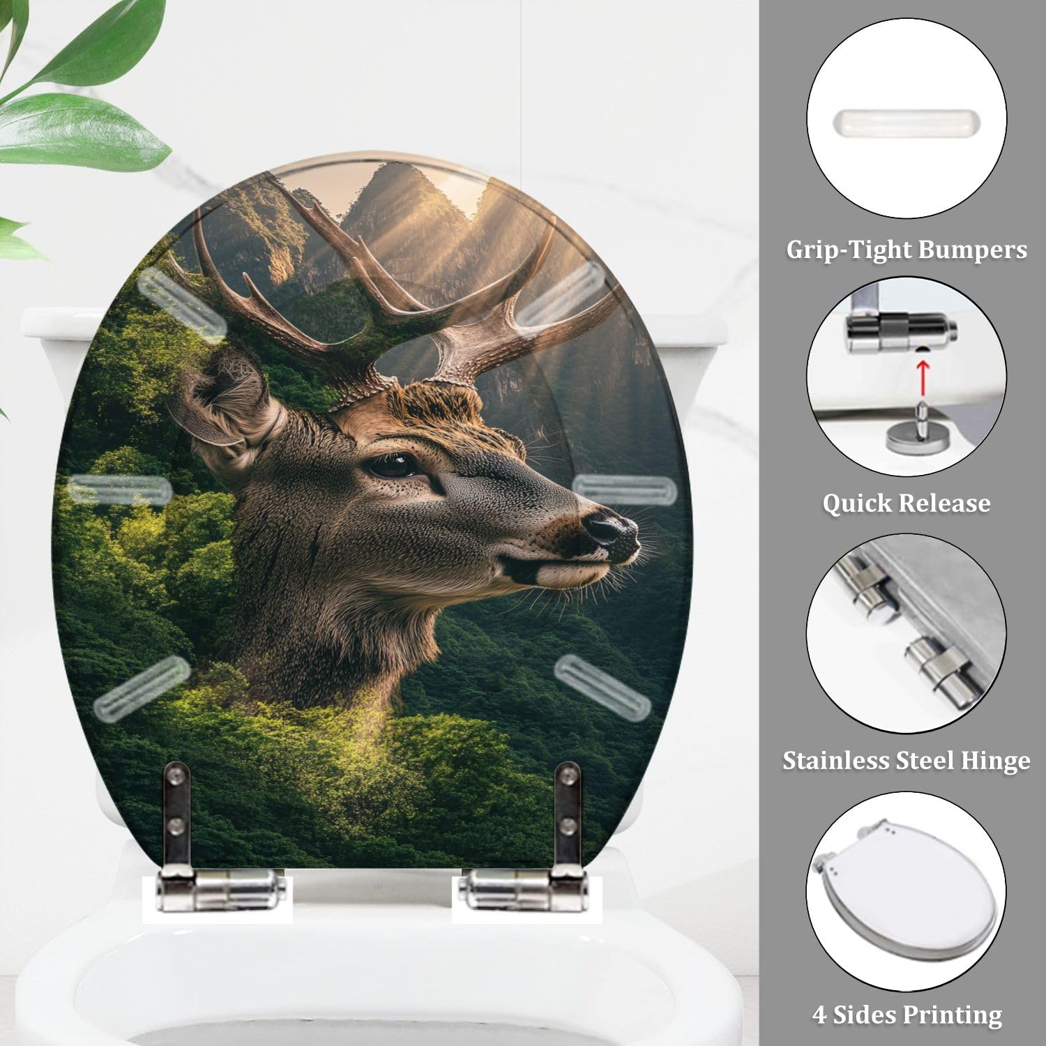 Asiento de inodoro redondo decorativo con bisagras de cierre suave y liberación rápida para baño.