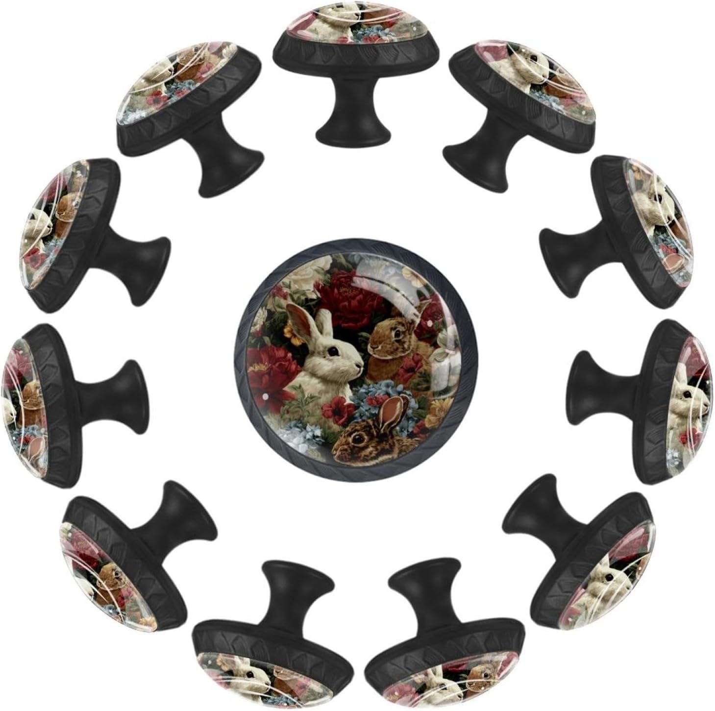 Black Base Easter Rabbits Floral (5) Decorative Hardware, Round Drawer Knobs for Various Wooden Cabinets