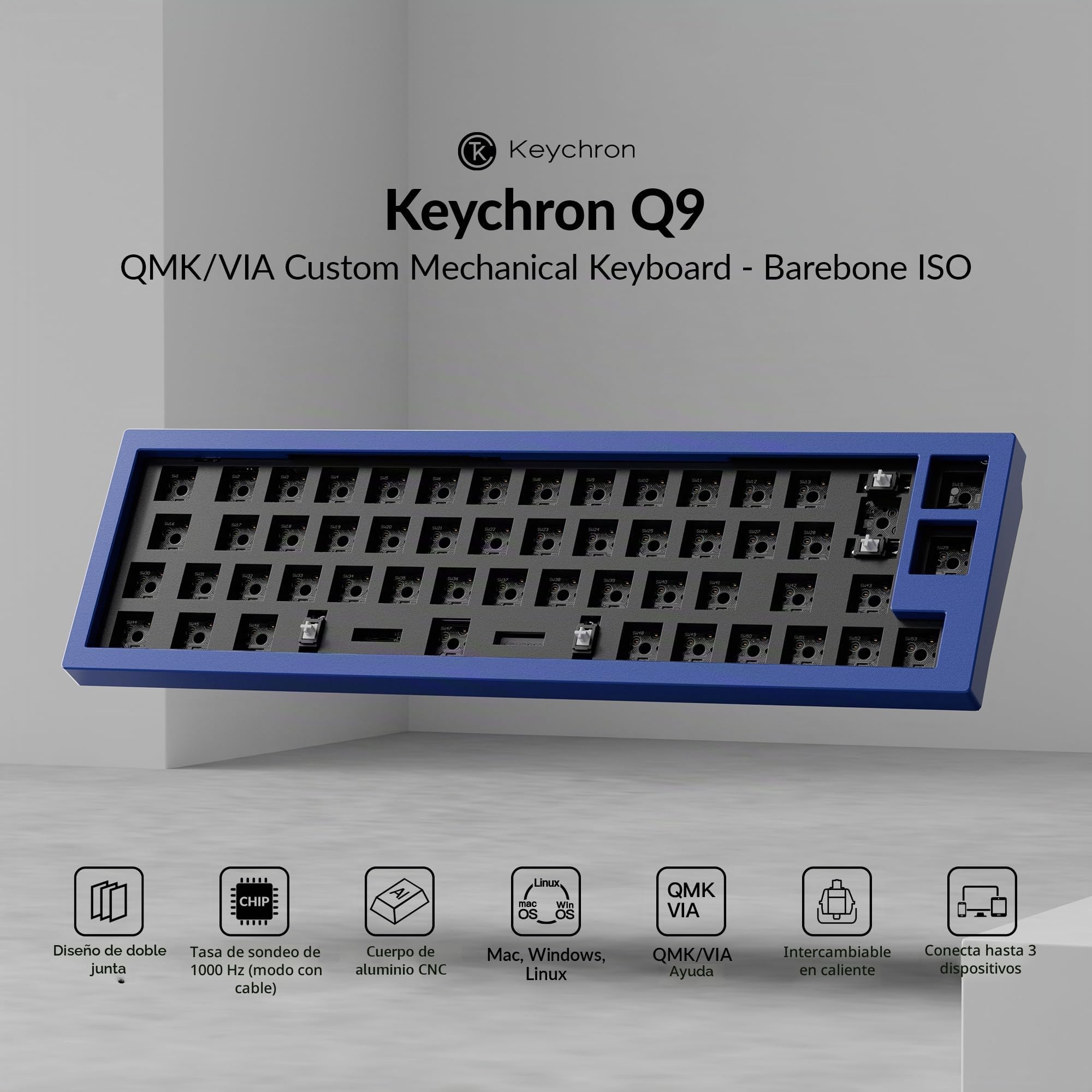 Keychron Q9 Kit de Teclado Mecánico Barebone, Diseño ISO 40%, Programable con QMK/Via, Cuerpo de Aluminio CNC, RGB, Compatible con Interruptores MX de 3 y 5 Pines, para Windows y macOS, Azul