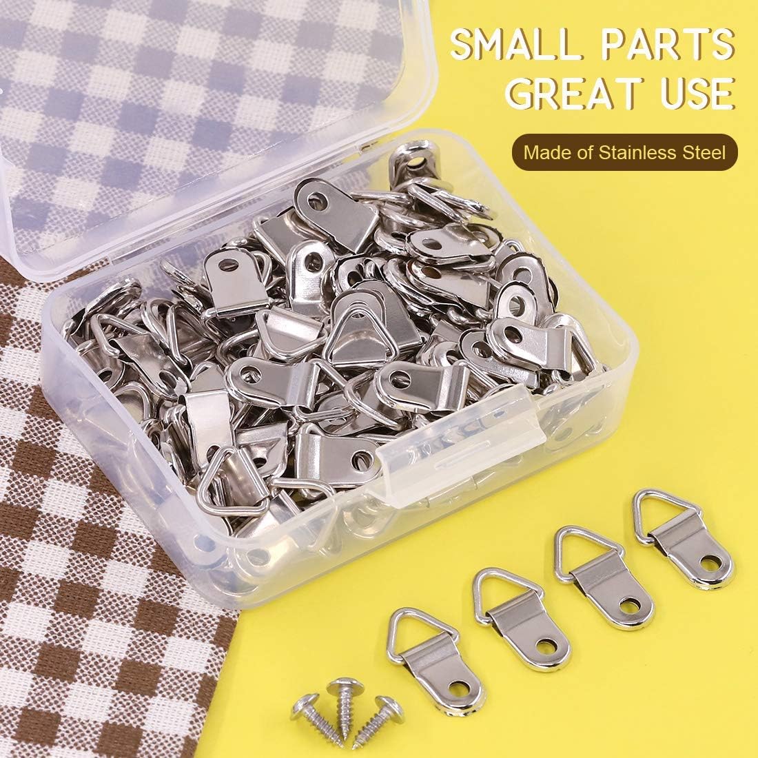 110Pcs Small Triangle Ring Picture Hangers Frame Hanging Hangers Single Hole with Screws for Wooden Frame and Cross Stitch