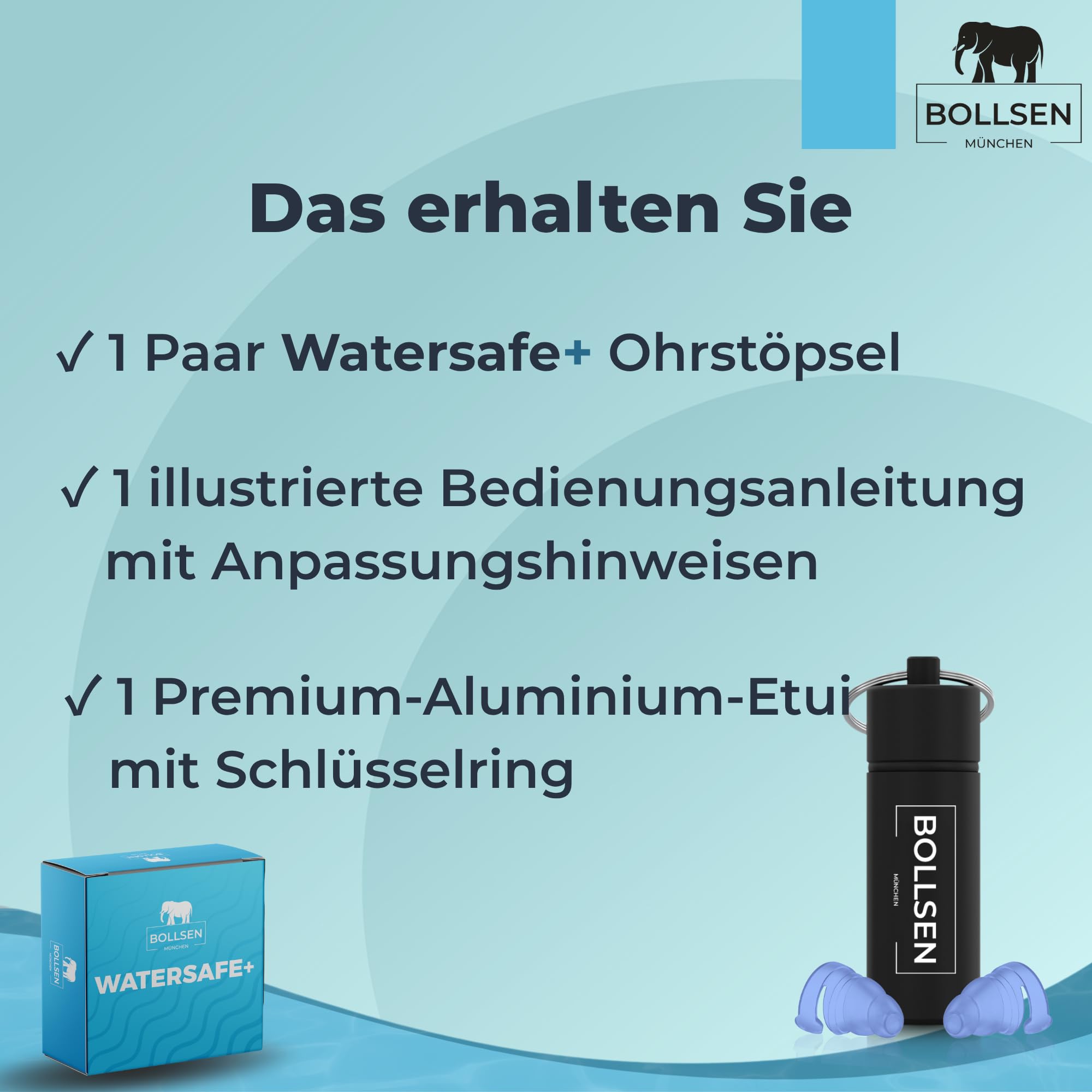 BOLLSEN Watersafe+ Schwimm Ohrstöpsel für Erwachsene – Wiederverwendbare Silikon Ohrstöpsel für Dusche, Bad, Schwimm & Wassersport – Wasserdicht mit 24 dB Lärmminderung (1)