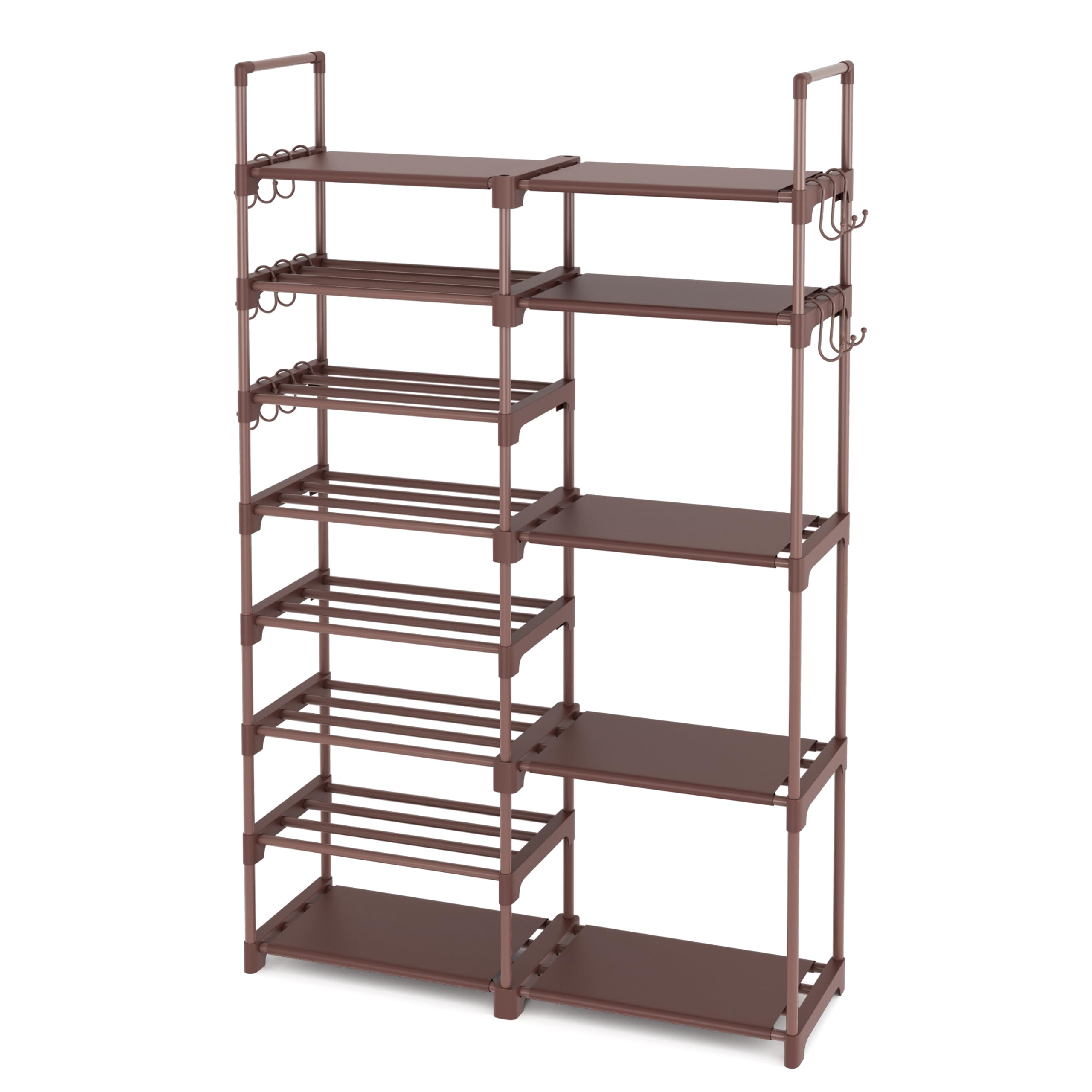 Photo 1 of ROJASOP Shoe Rack Organizer, 8-Tier Metal Shoe Rack for Closet Entryway Garage, 26-32 Pairs Tall Shoe Boot Storage Shelf with 15 Hooks, Stackable Large Shoe Stand, Brown