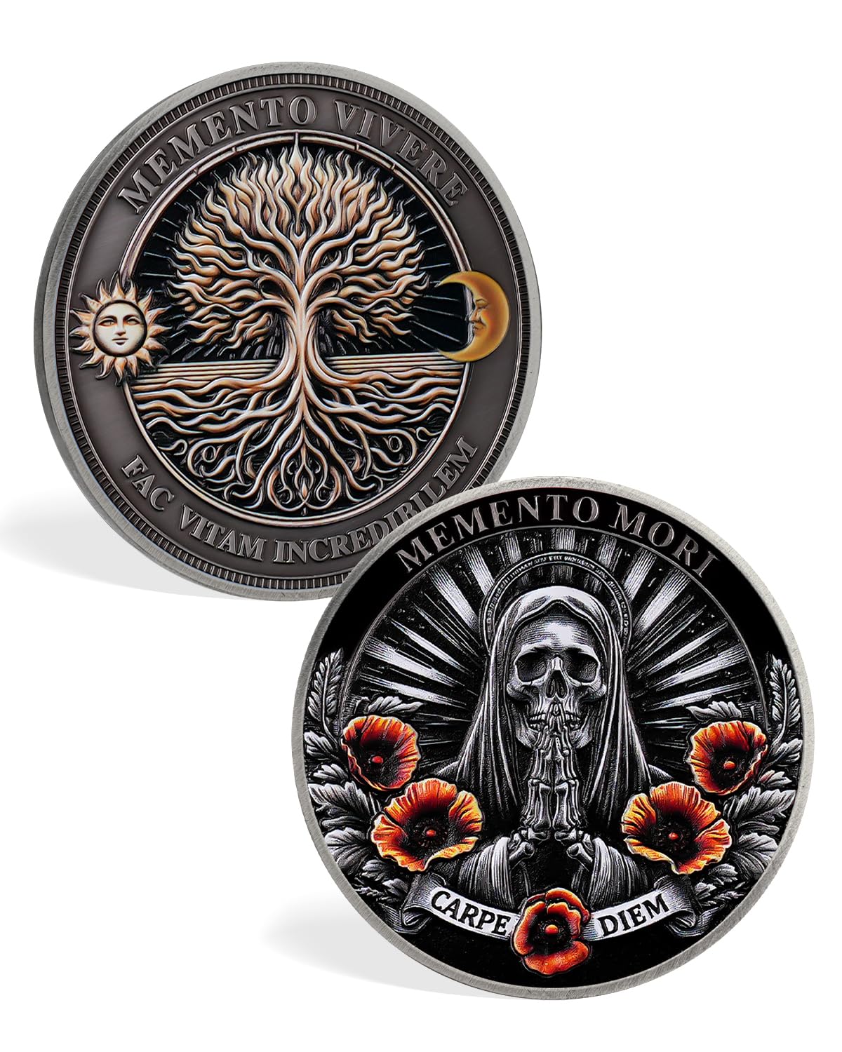 ACGZQY Memento Mori Coin, Skull Tree of Life Memento Vivere Coin, Poppy Flower Stoic EDC Challenge Coin for Daily Practice