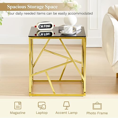 Miniatura 7 de WOKER FURNITURE Mesa auxiliar de cristal negro con marco geométrico de metal dorado, mesa auxiliar moderna de 20 pulgadas con parte superior de