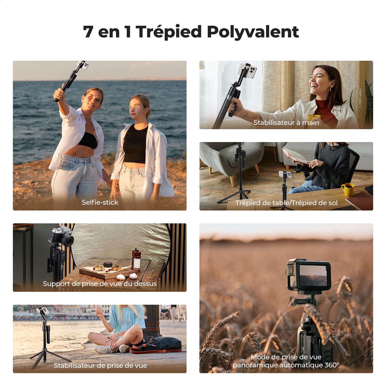 K&F Concept 52mm Clip Filtre Polarisant CPL + Perche Selfie 180CM Trépied de Suivi AI 360°