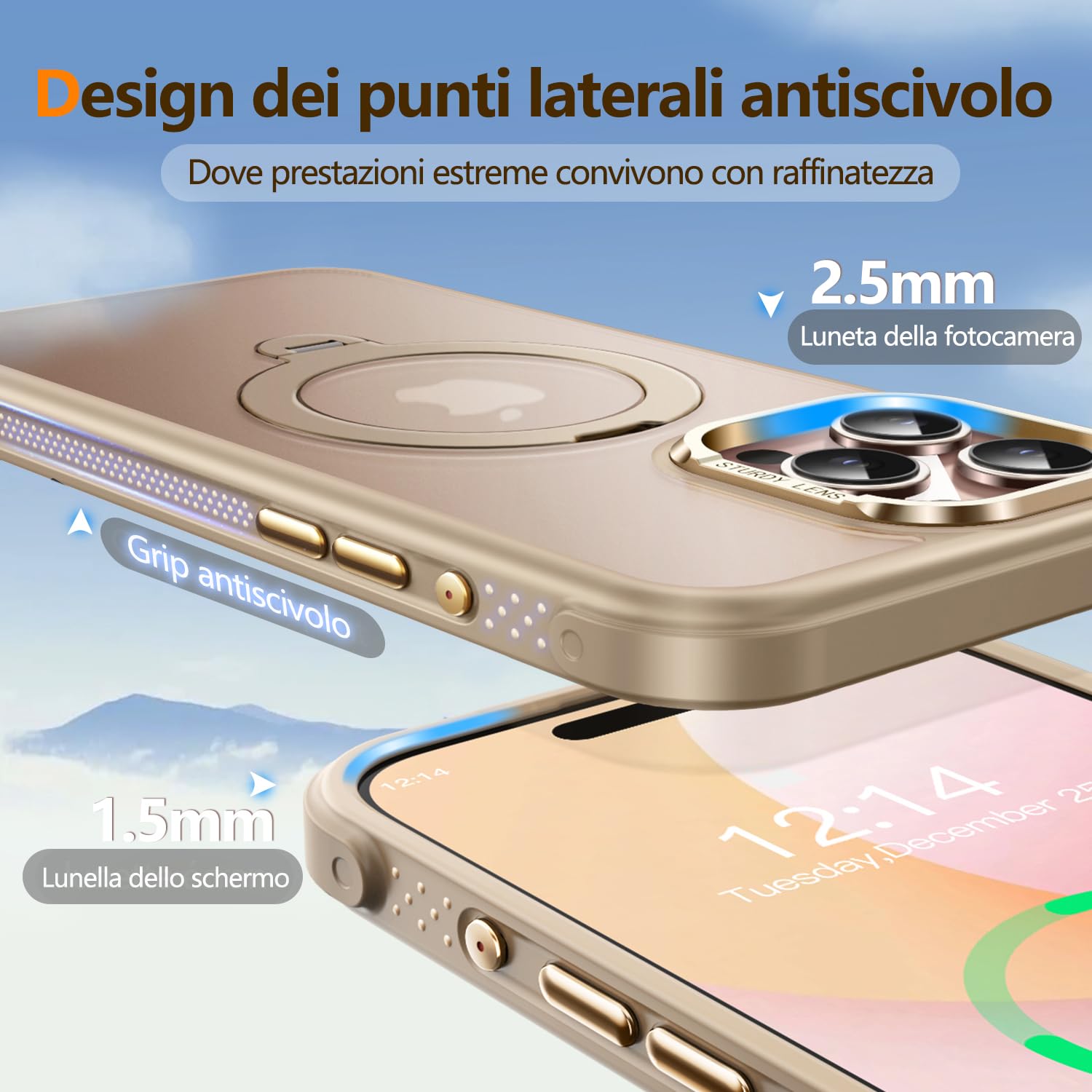Custodia O3 Mag-Stand per iPhone 16 Pro Max con Supporto a 360°,[Compatibile con MagSafe][Eccezionalmente Delicata Sulla Pelle]Sottile Eopaca Magnetica Traslucida 6,9", Oro Opaco