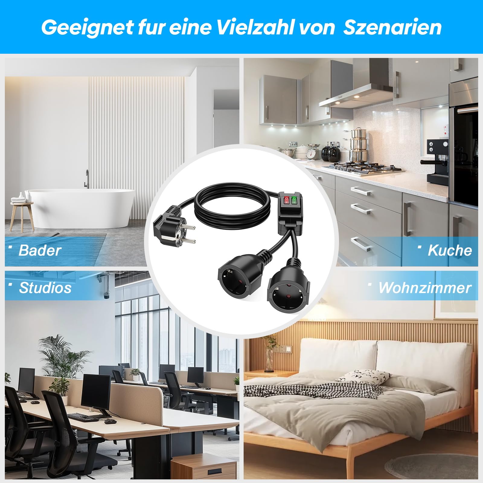 HITRENDS Cavo di prolunga da esterno con interruttore per prese IP44, per casa, ufficio ed esterno, rete 3 x 1,5 mm², max. 250 V/16 A, 10 m, nero