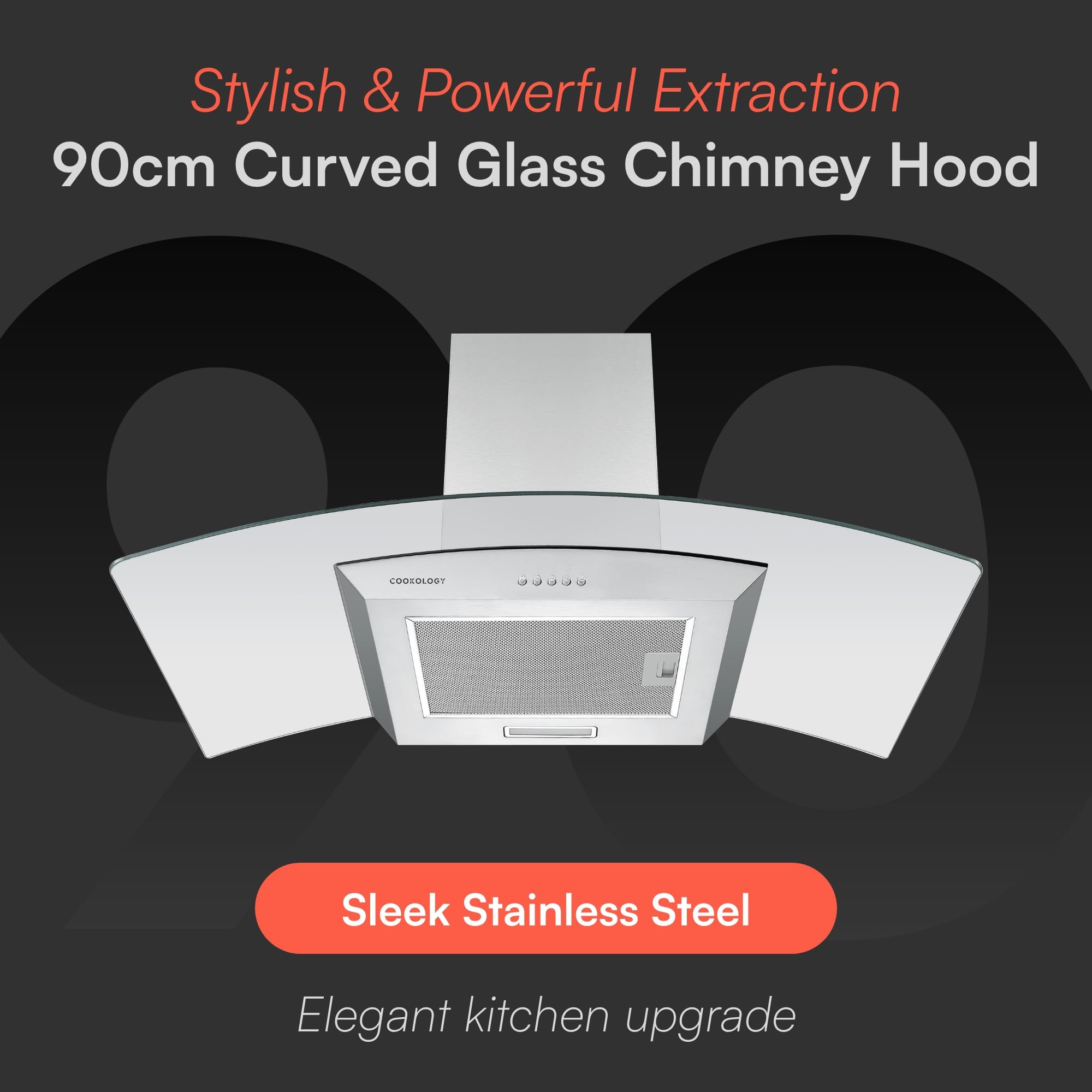 Cookology Curved Glass Chimney Cooker Hood, Wall Mounted Extractor Fan, LED lighting, Adjustable Height (Stainless Steel, 90cm) — view 2