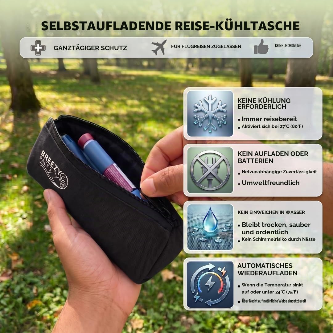 Kühltasche für Insulinstifte, 24/7-Schutz, medizinische Tasche, TSA-zugelassene Diabetiker-Tasche, hält Medikamente bei Raumtemperatur, Breezy Basic (schwarz)