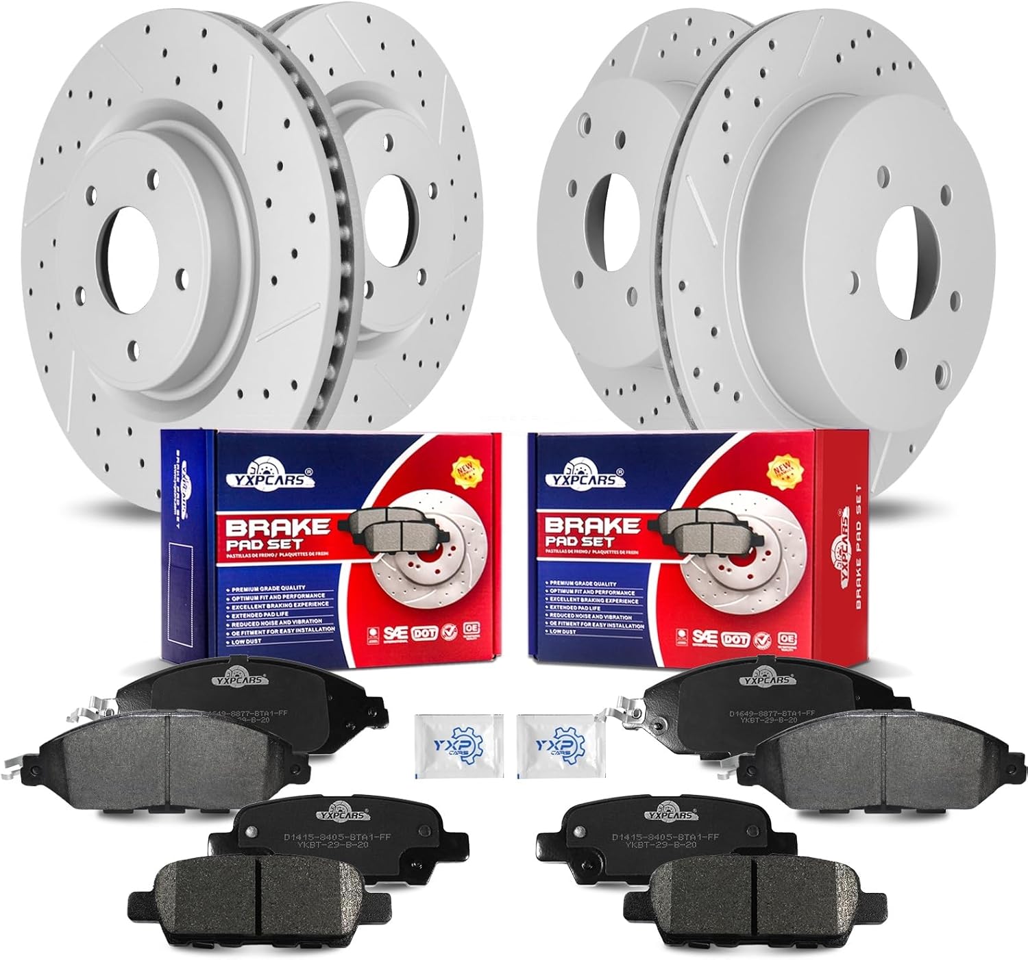 Front & Rear Drilled Slotted Rotors and Ceramic Disc Brake Pads Kit for Infiniti Jx35 2013/ Qx60 2014-2019, for Nissan Pathfinder 2013-2019/ Murano 2015 2016 2017 2018 2019