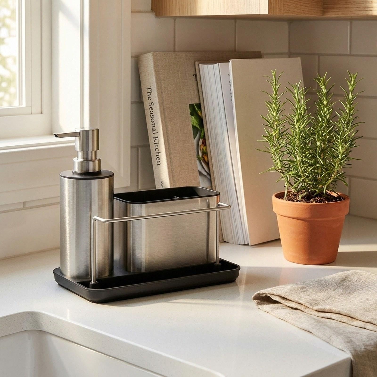Colcolo Set Dispenser di Sapone per Cucina, Organizer per Bagno, Dispenser di Sapone Liquido Compatto E Multifunzionale con Ripiano Portaoggetti per Ristorant