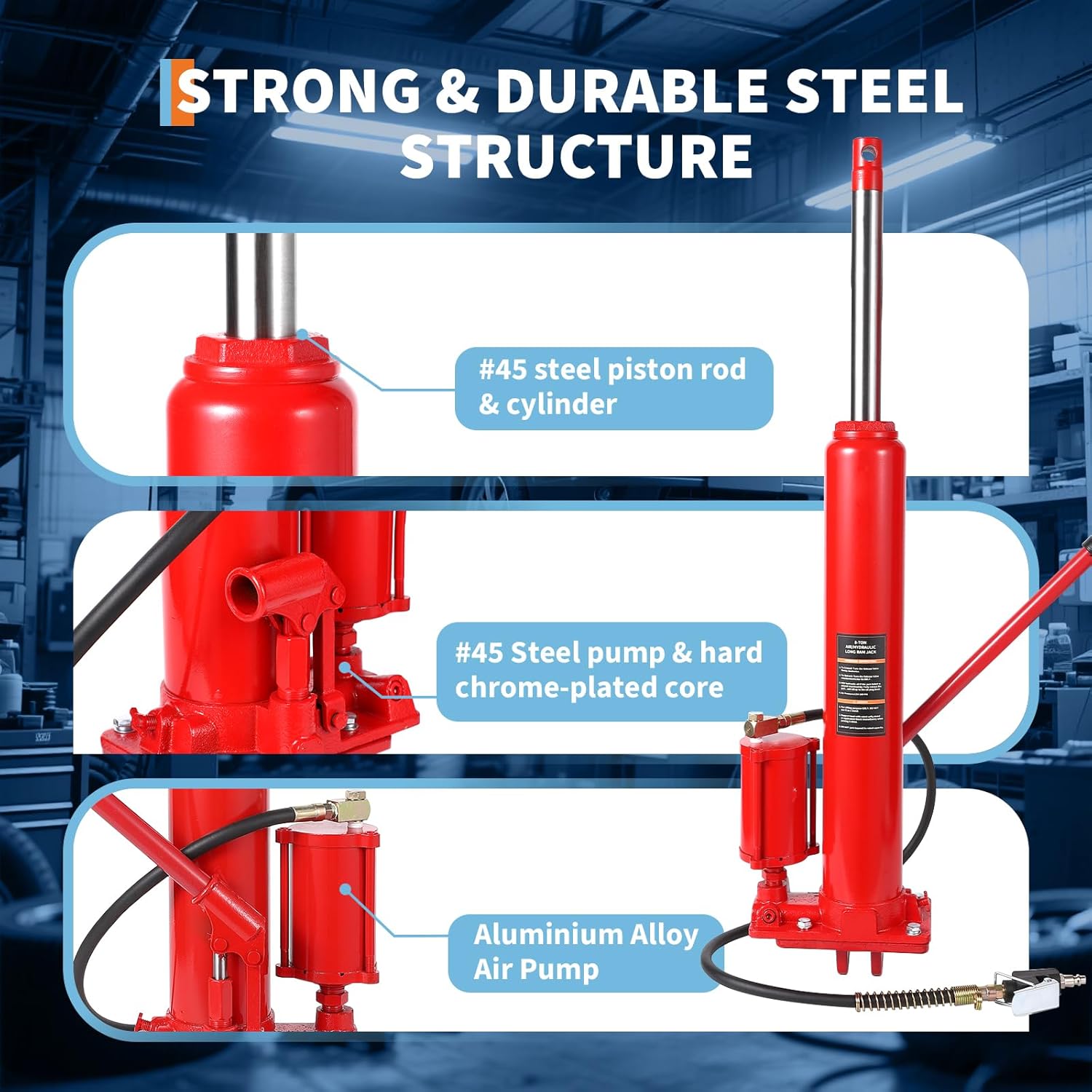 GarveeTech 8 T Air/Hydraulic Long Ram Jack, Engine Hoist Cylinder with Air Pump & Clevis Base, Long Ram Jack for Engine Hoists, Garage Cranes, Farm, Mechanical