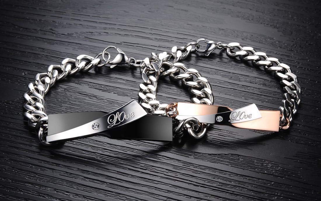 Kim Johanson Edelstahl Pärchen Schmuckset Armbänder & Ketten *Love* für verliebte Roségold & Schwarz mit Cubic Zirkonia inkl. Schmuckbeute