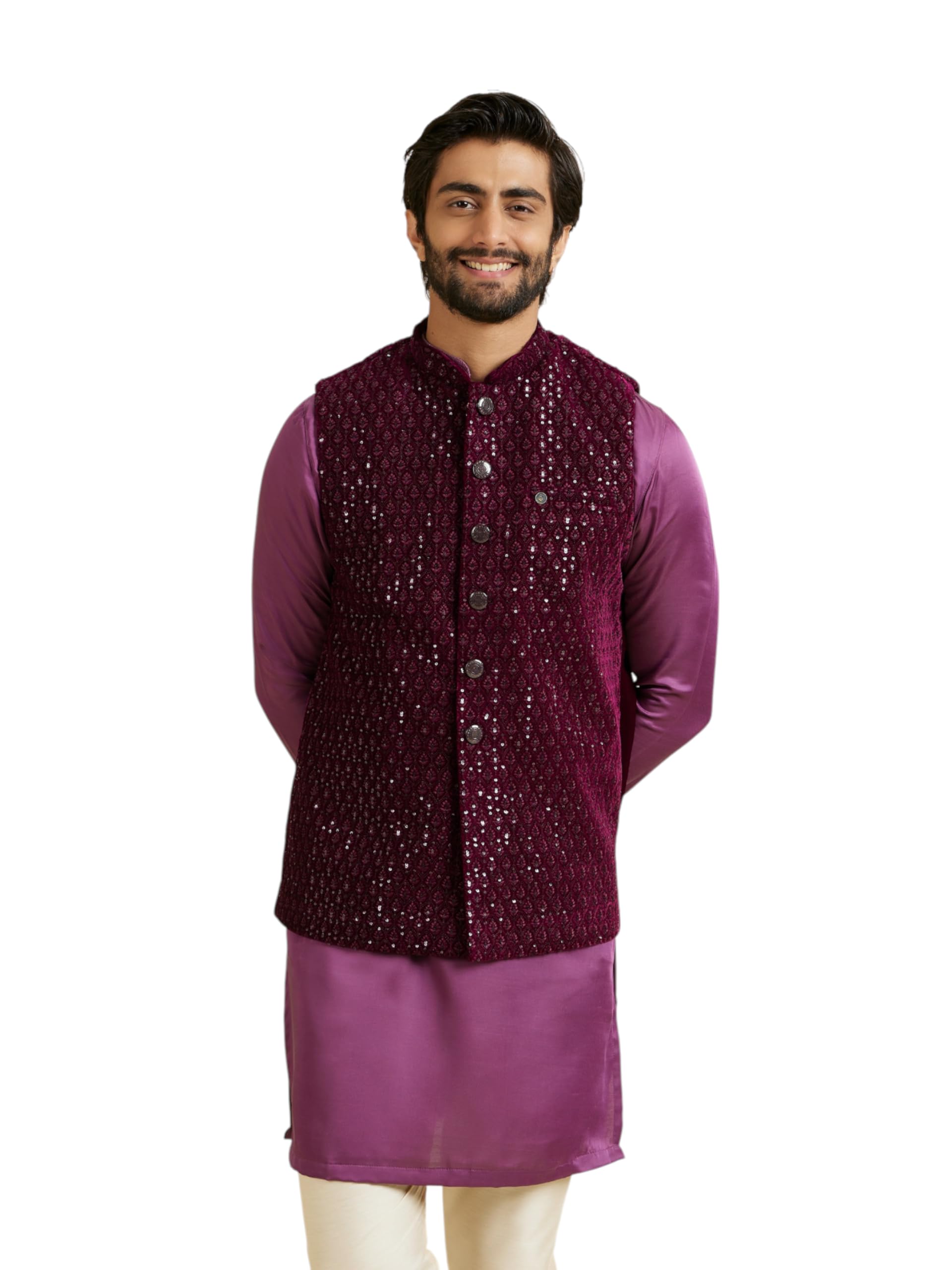 manyavar Men's Velvet Sequinned Nehru Jacket (1pc)-picture-27