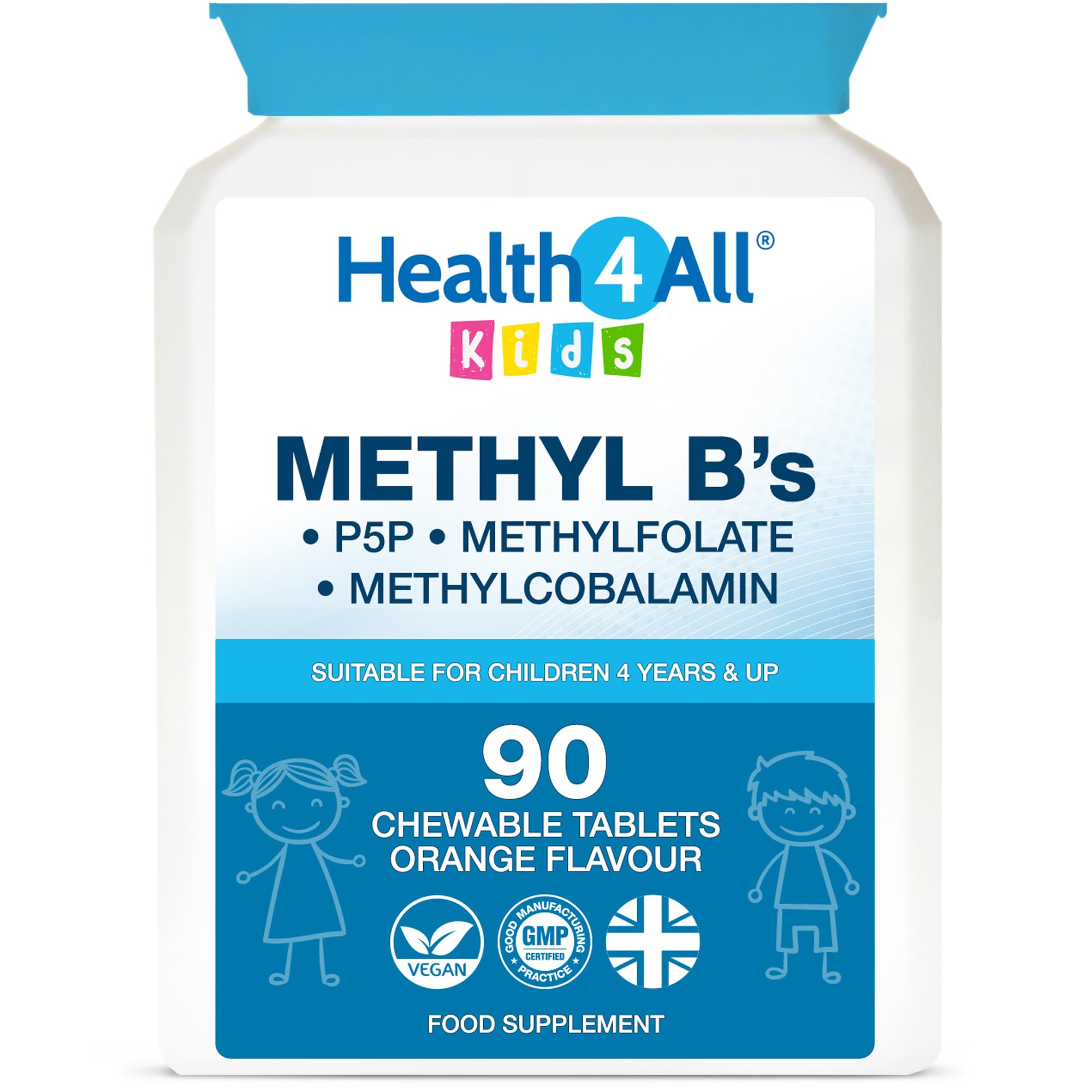 Health4All Kids Methyl B's 90 Chewable Tablets (3 Months Supply), Stress & Mood Support for Children 4+, Methylated B Vitamins B12 Methylcobalamin, 5-Methylfolate & Vitamin B6 P5P, Vegan | Made in UK