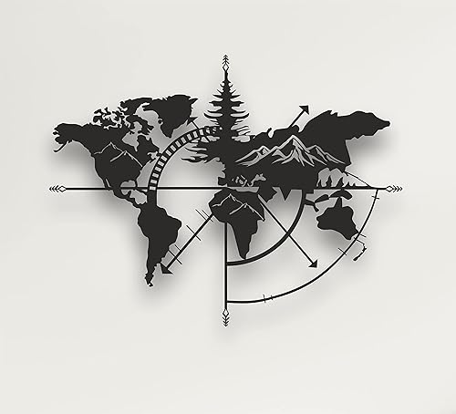 DEKADRON Mapa del mundo de metal de la pared de la montaña decoración del hogar decoración de la sala de estar placa de metal 39.8x29.9 in negro