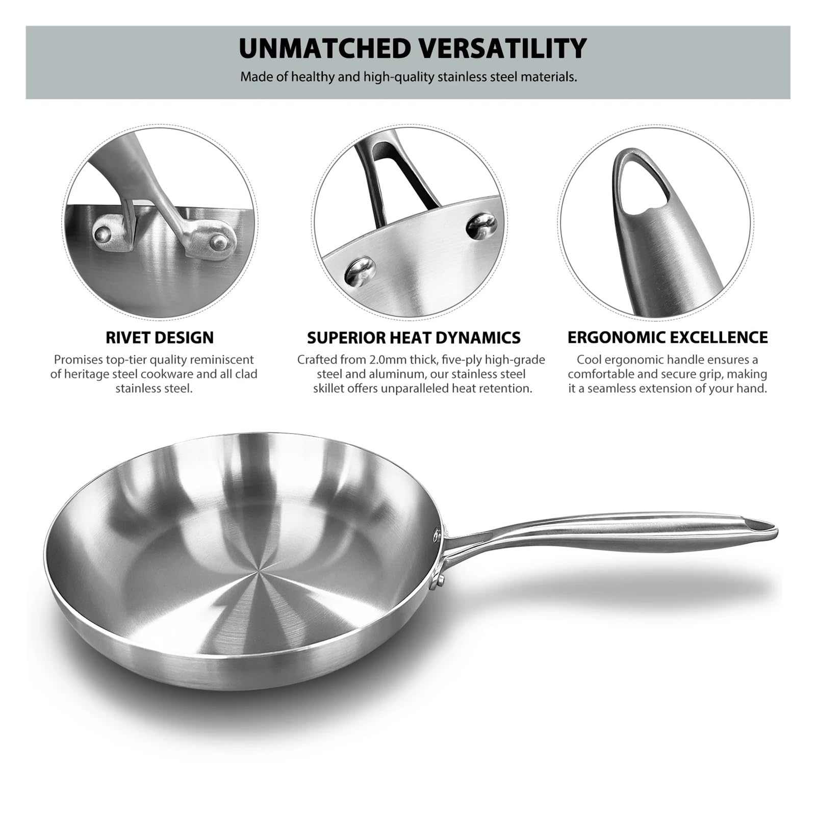 poele inox Poêle à frire antiadhésive en acier inoxydable, ustensile de cuisine non revêtu for cuisinière gaz et induction(24cm)