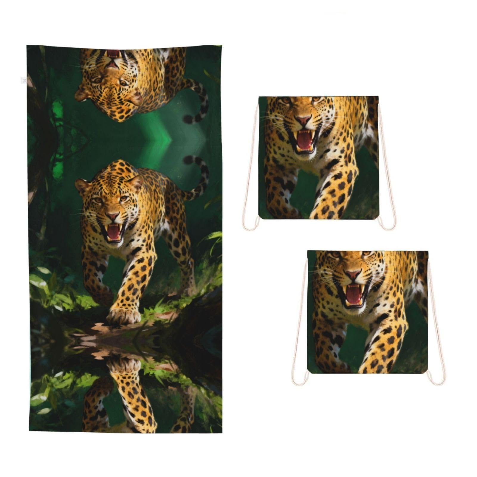 CNTDBU leopard 2 in 1 Packable Towel Bag-Large Beach Towel with Stuff Sack, Super Absorbent Microfiber Travel Towel for Pool