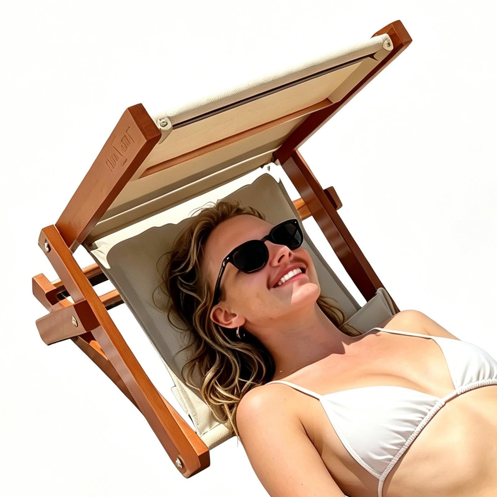 Rifugio per il sole sulla spiaggia per la testa, sedia pieghevole con struttura in legno, con cuscino elastico, ombrellone per la testa da spiaggia, per abbronzatura corporea, piscina all'aperto