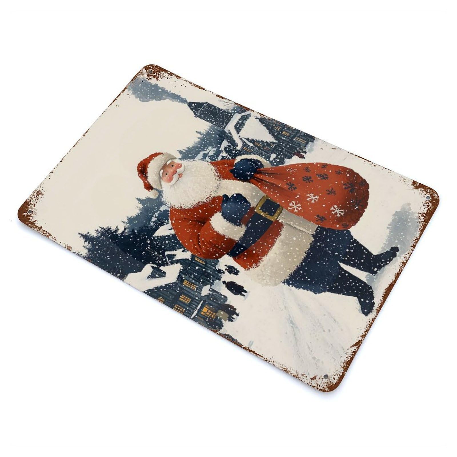 Santa Claus in Snowy Village Christmas Vintage Wall Sign 11.8"x7.9", Rust Effect Metal Decor for Cafe, Home Bar And Lounge Decor