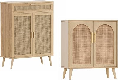 Rovaurx Armadietto Da Pavimento Con Ante In Rattan E Cassetto – Mobile Bagno/Soggiorno Autoportante, Stile Mid-Century, Colore Naturale, BMGZ107M - 3